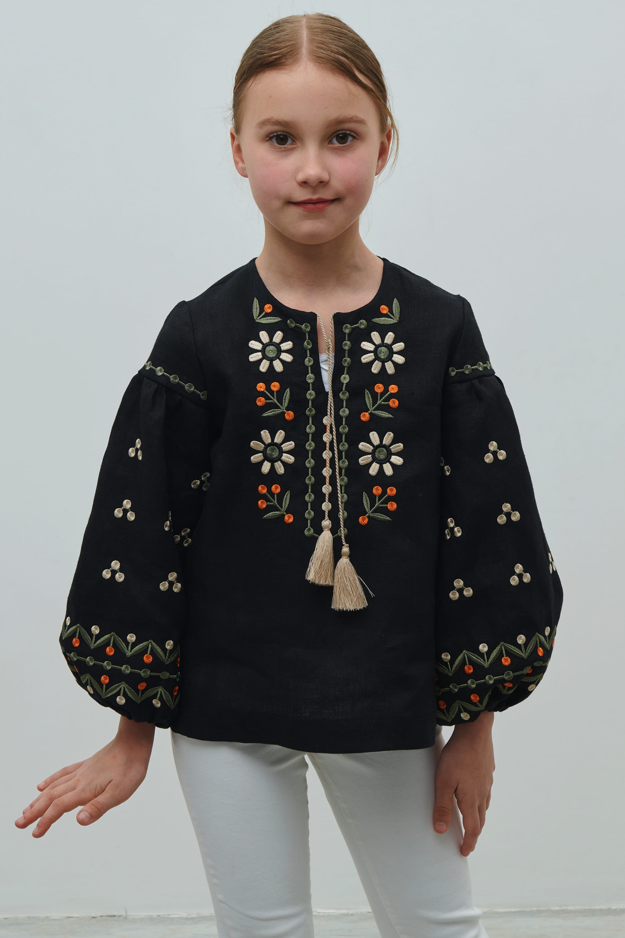 Black linen blouse for girls Rozkvit