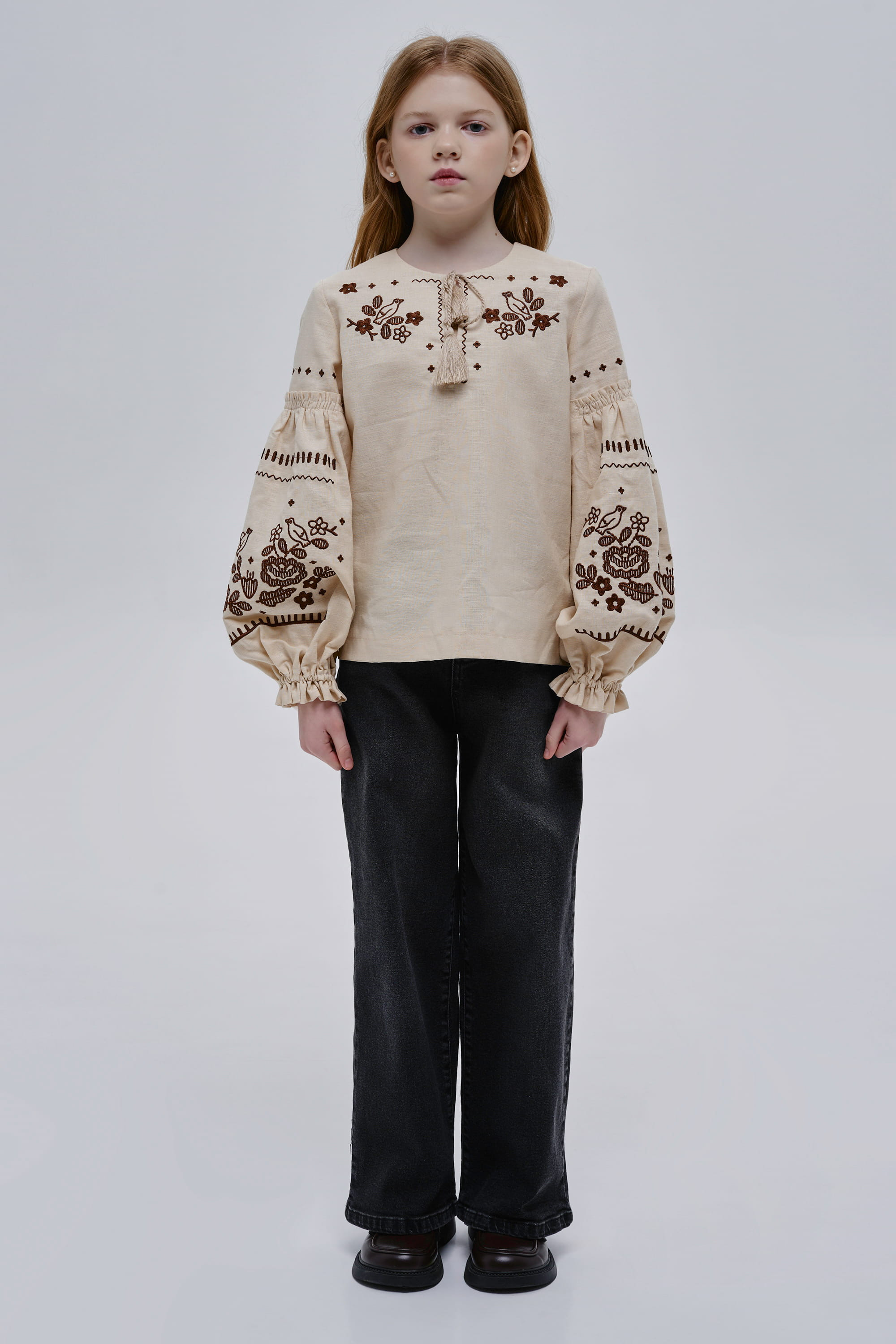 Girls’ Beige Embroidered Blouse Huli-Huli | 110