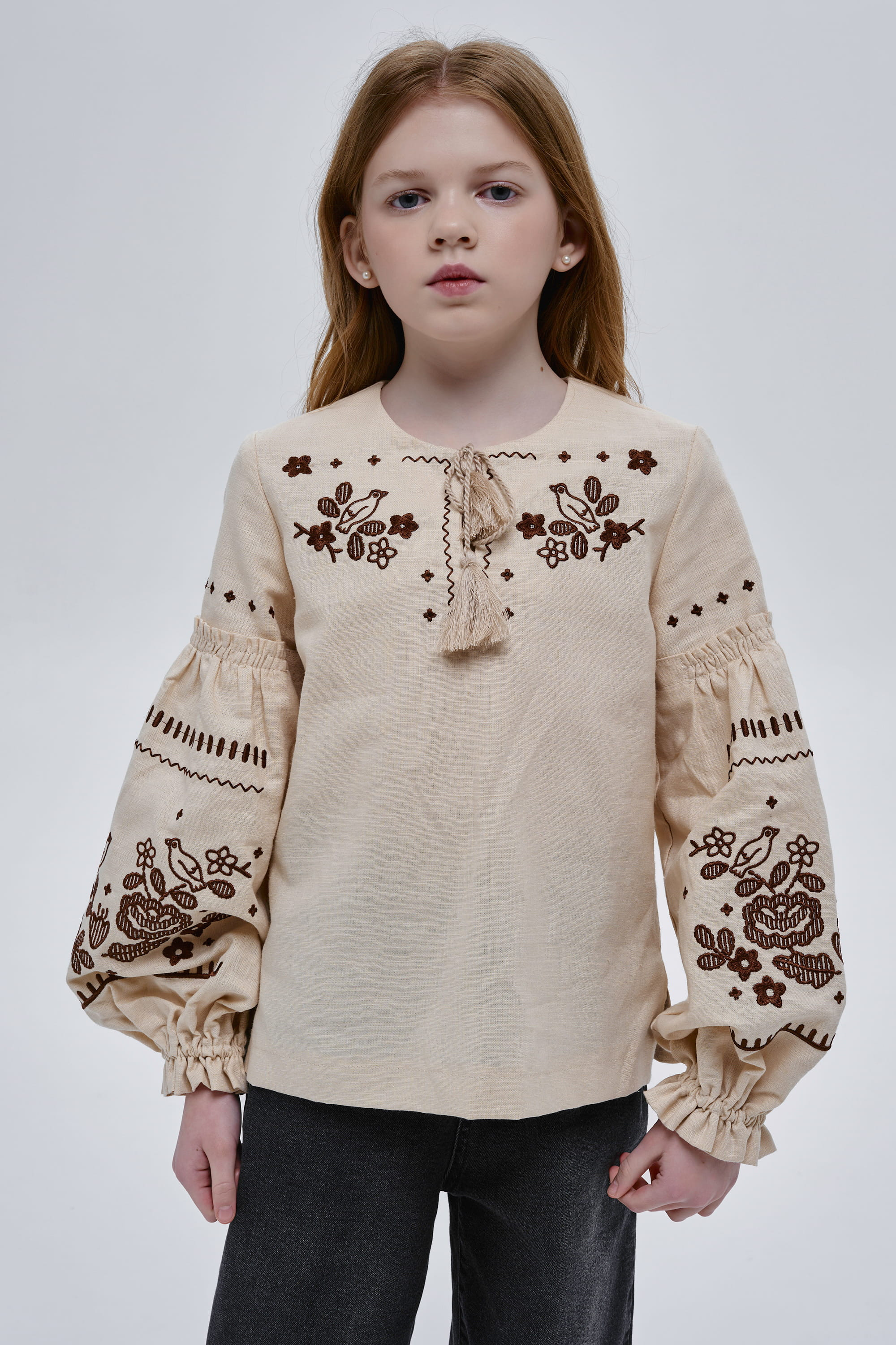 Girls’ Beige Embroidered Blouse Huli-Huli