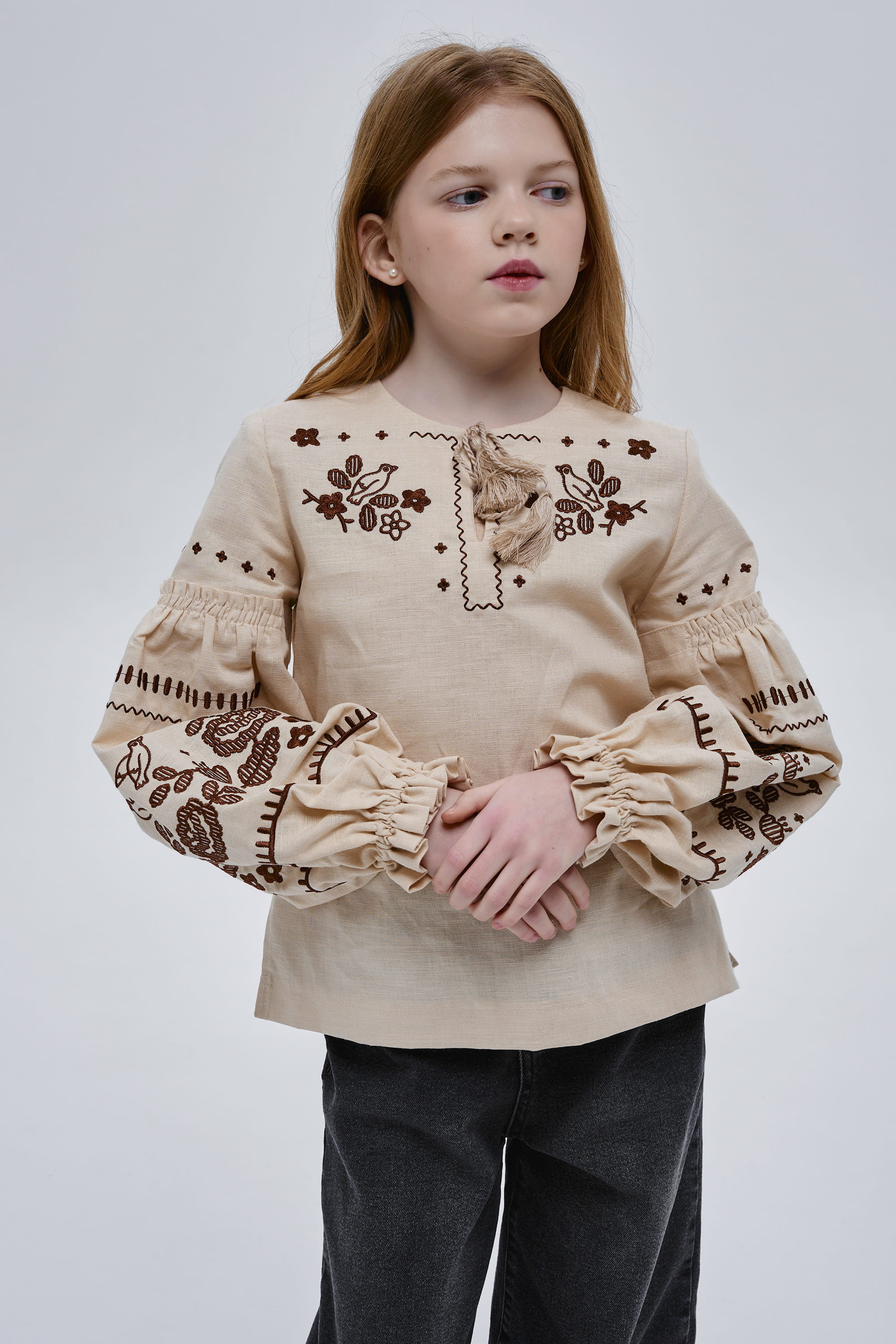Girls’ Beige Embroidered Blouse Huli-Huli