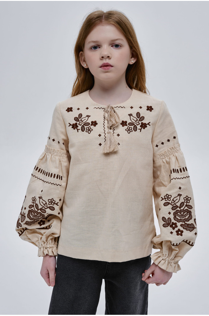 Girls’ Beige Embroidered Blouse Huli-Huli | 110