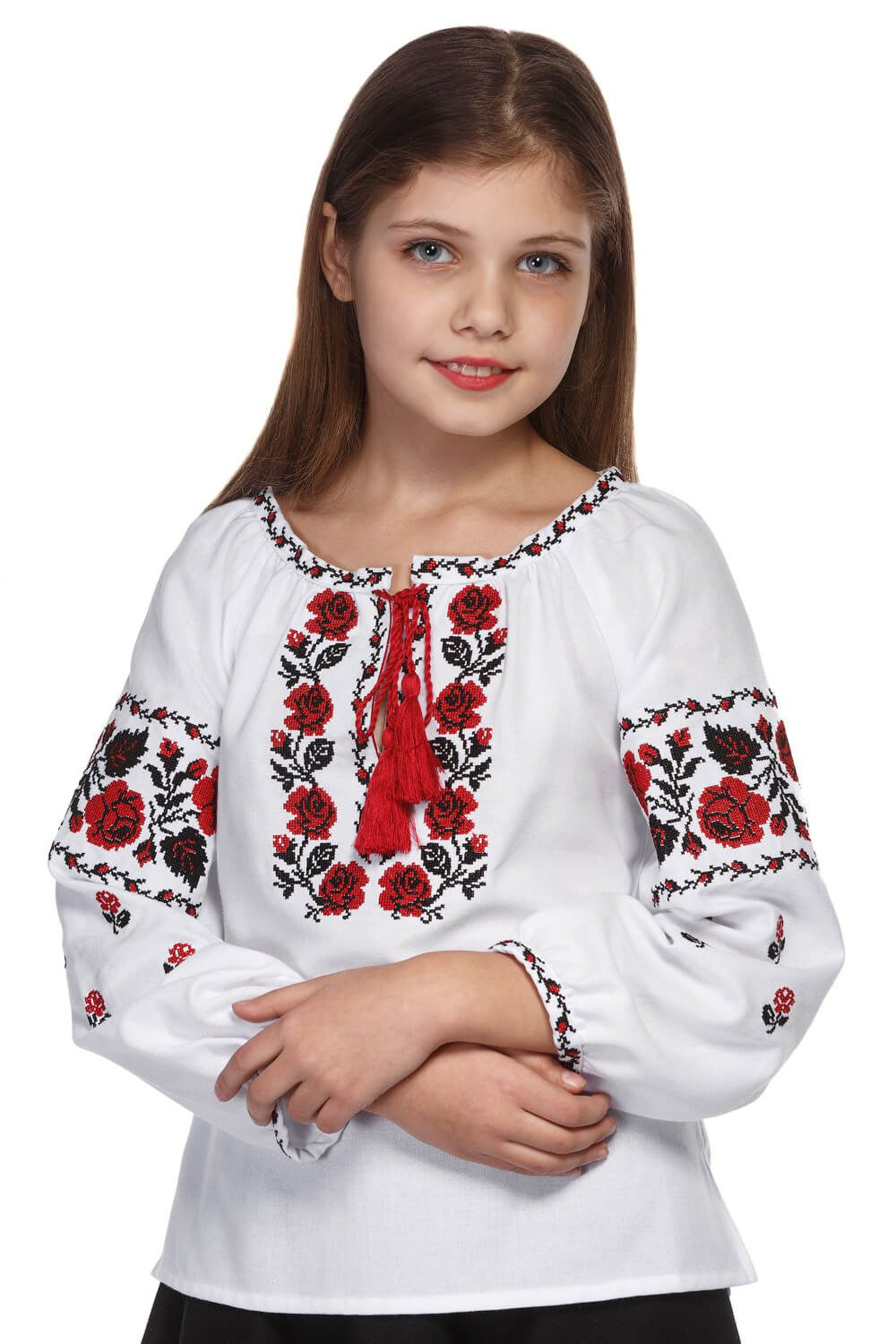 Біла сорочка для дівчинки з червоно-чорною вишивкою | 122