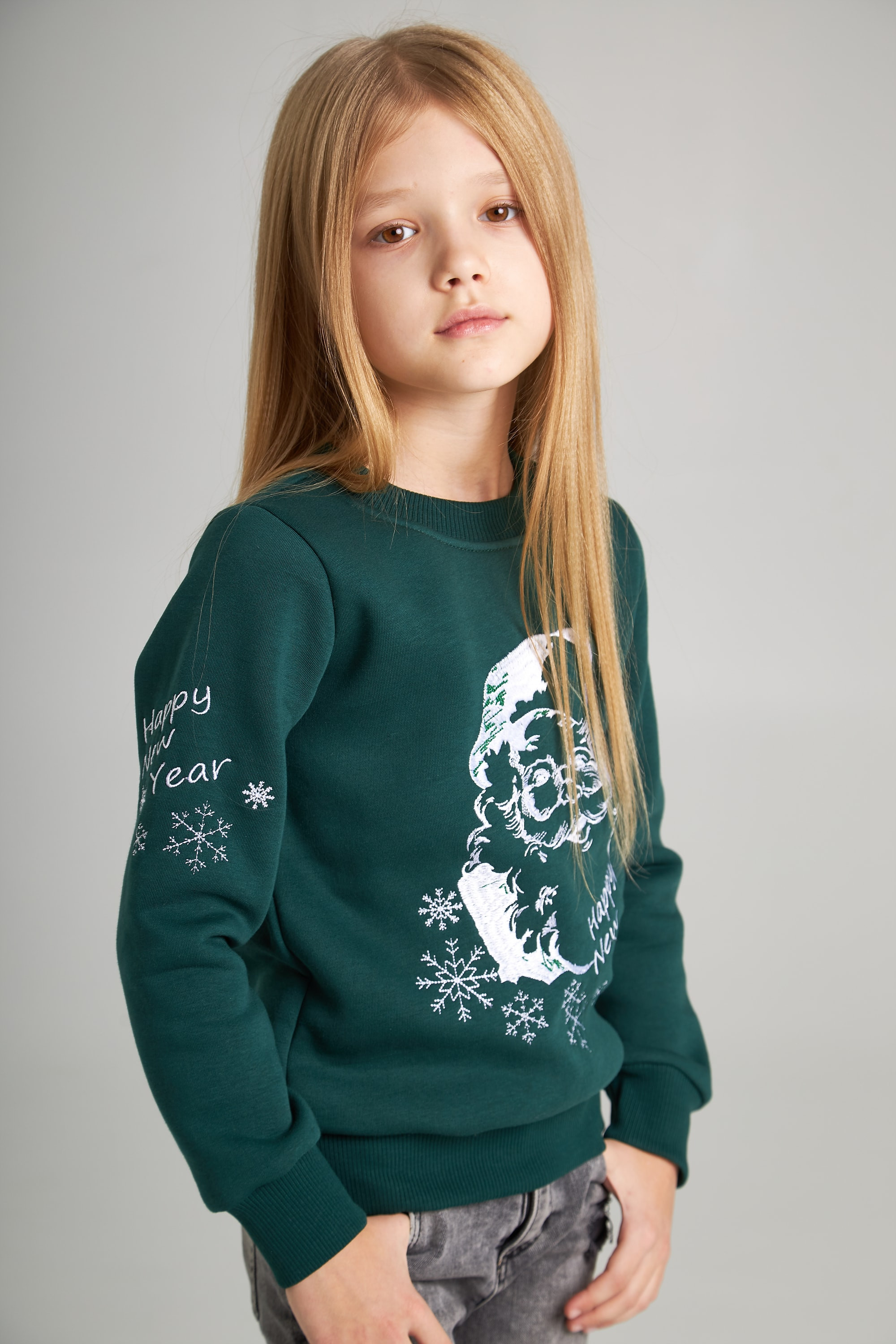 New Year's children's sweaters for two with Santa Claus Green
