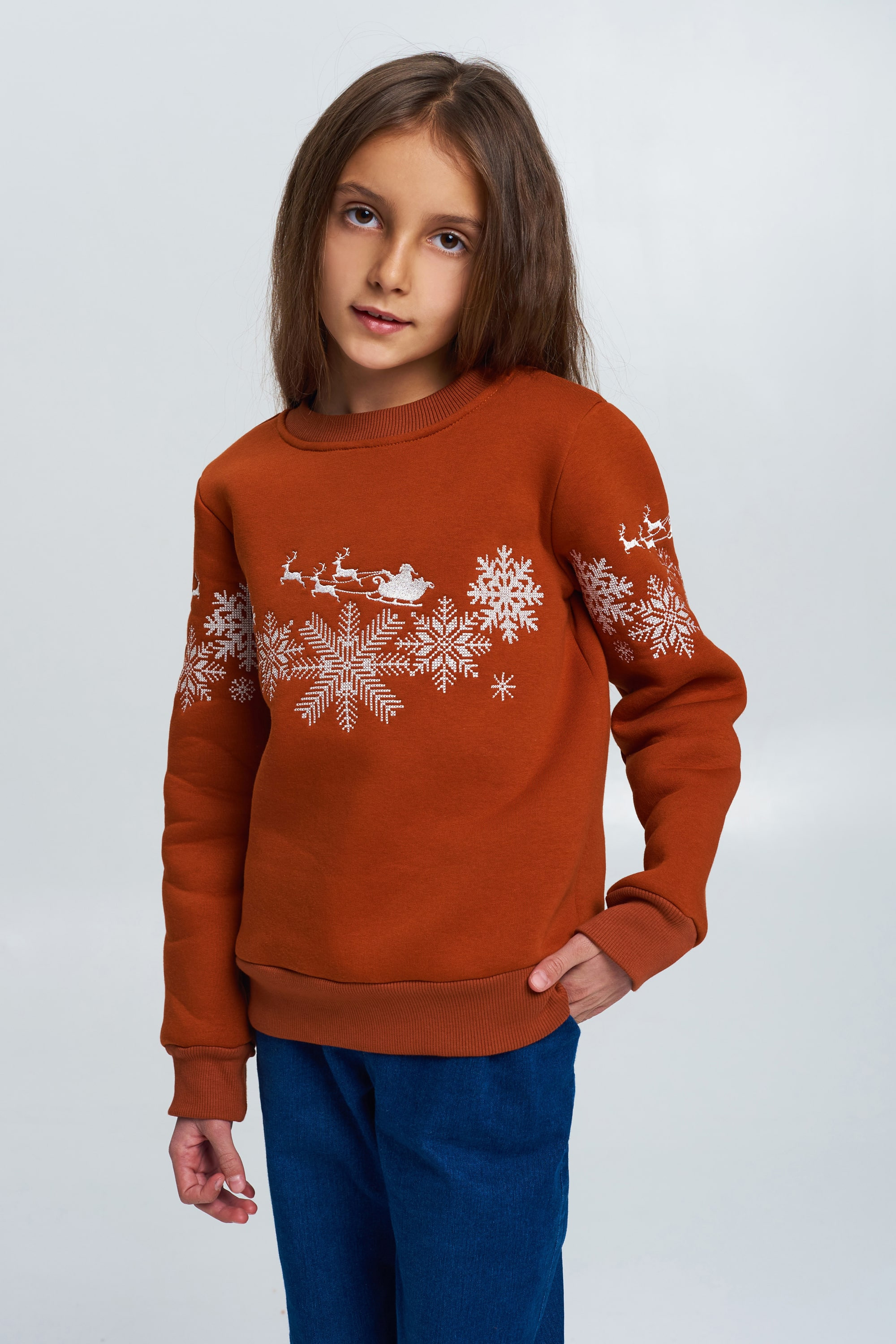 Christmas sweatshirt for a girl brown with Santa Claus
