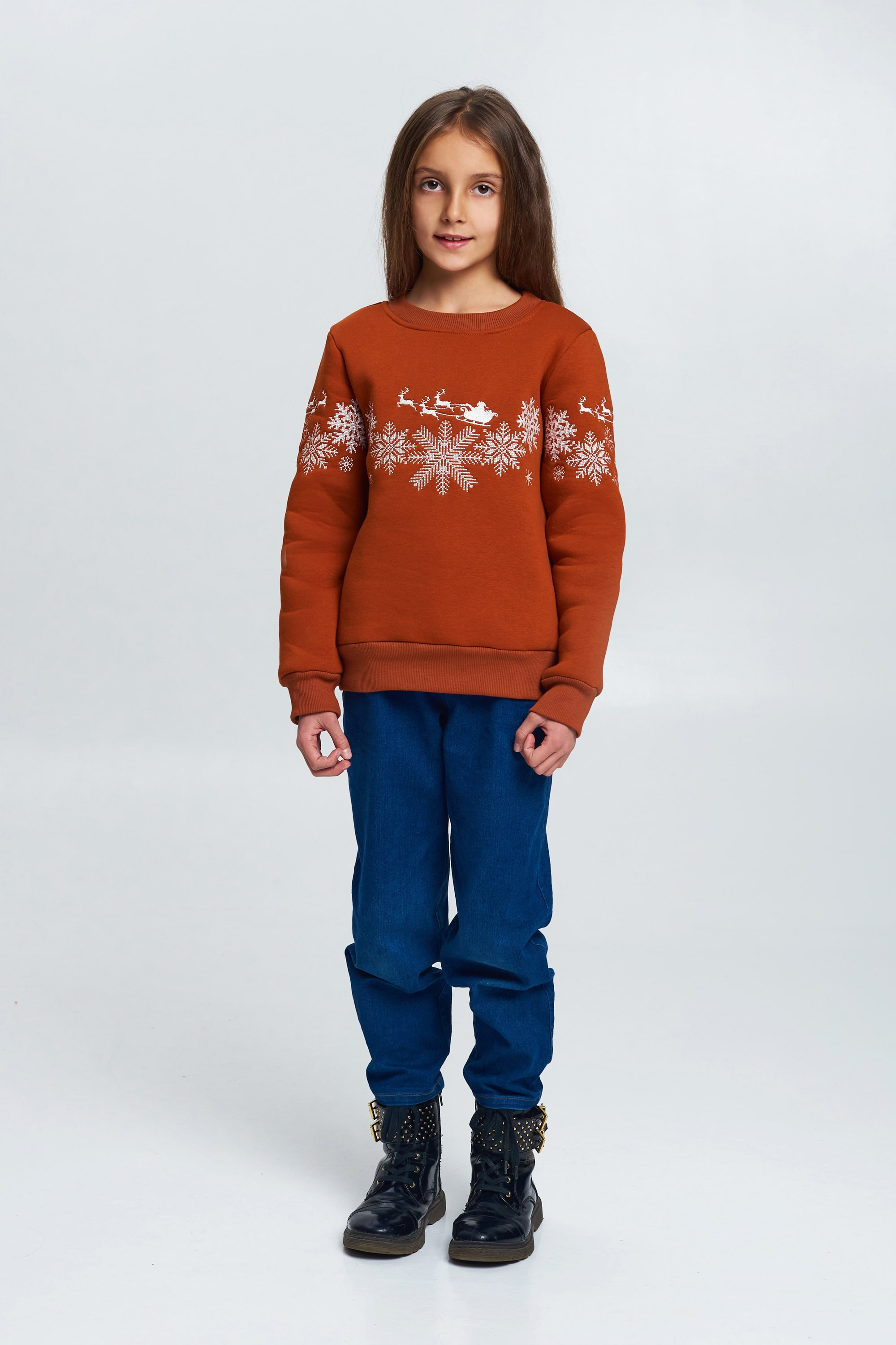 Christmas sweatshirt for a girl brown with Santa Claus