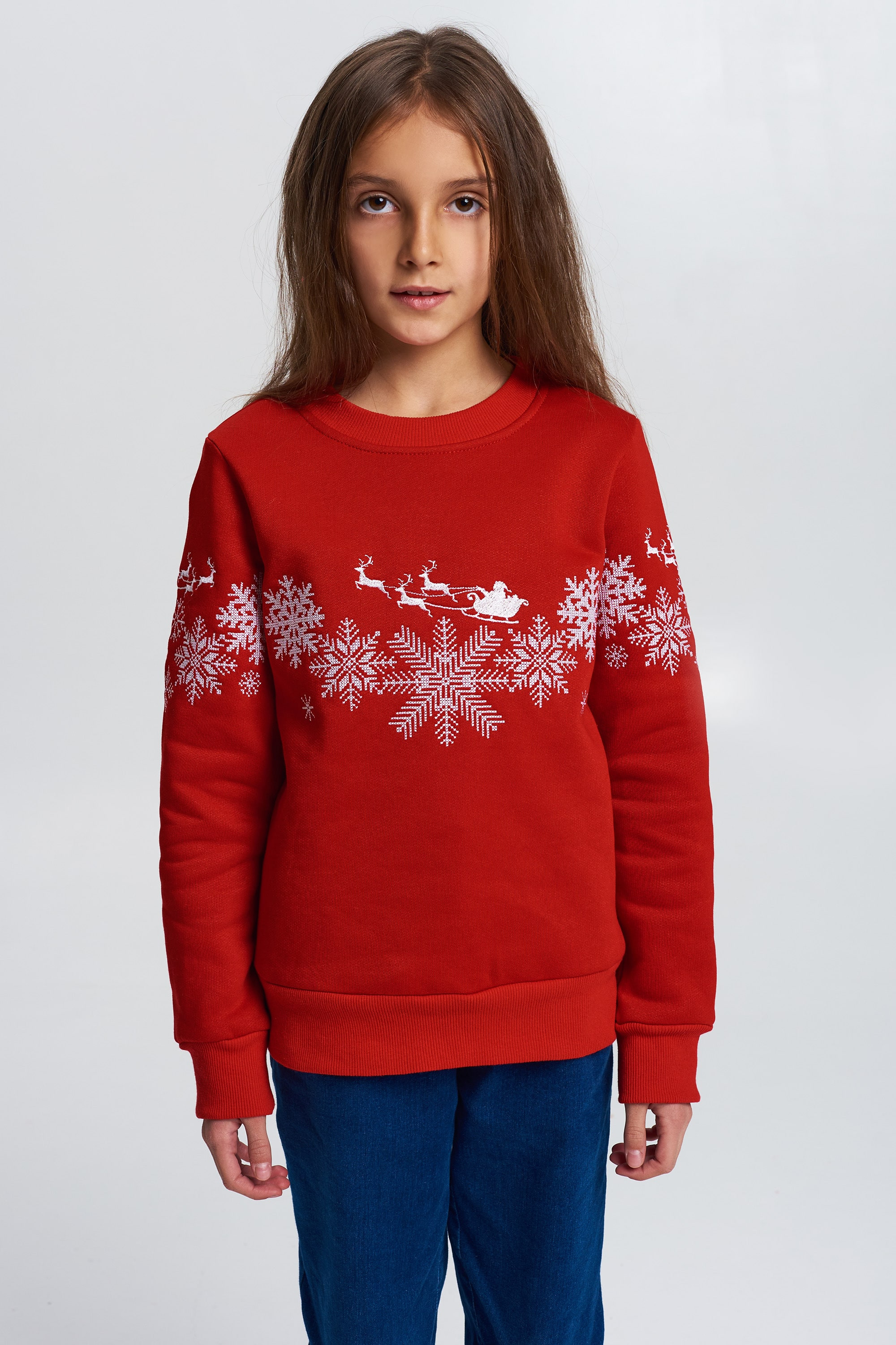 Christmas sweatshirt for a red girl with Santa Claus
