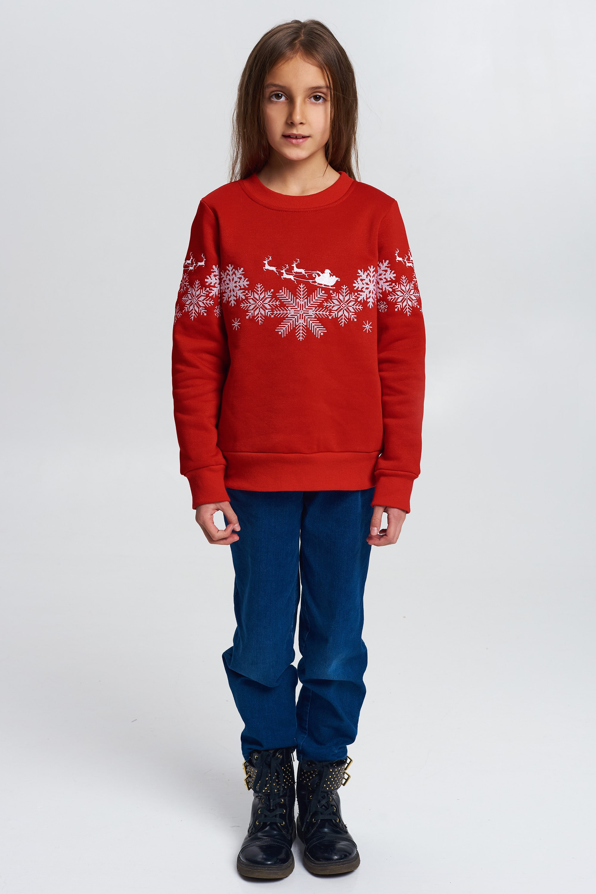 Christmas sweatshirt for a red girl with Santa Claus