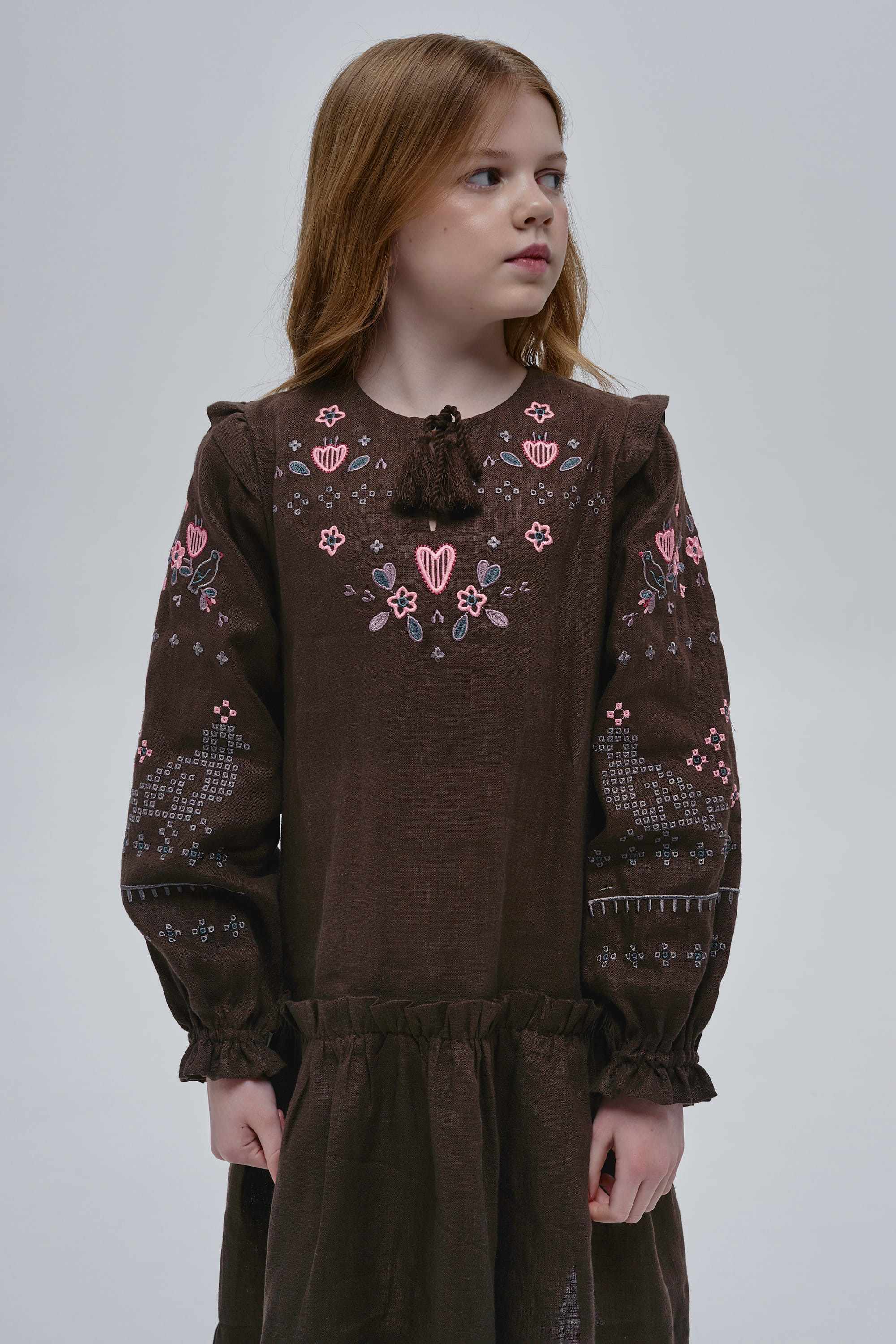 Embroidered brown dress for girl Lyalya | 110