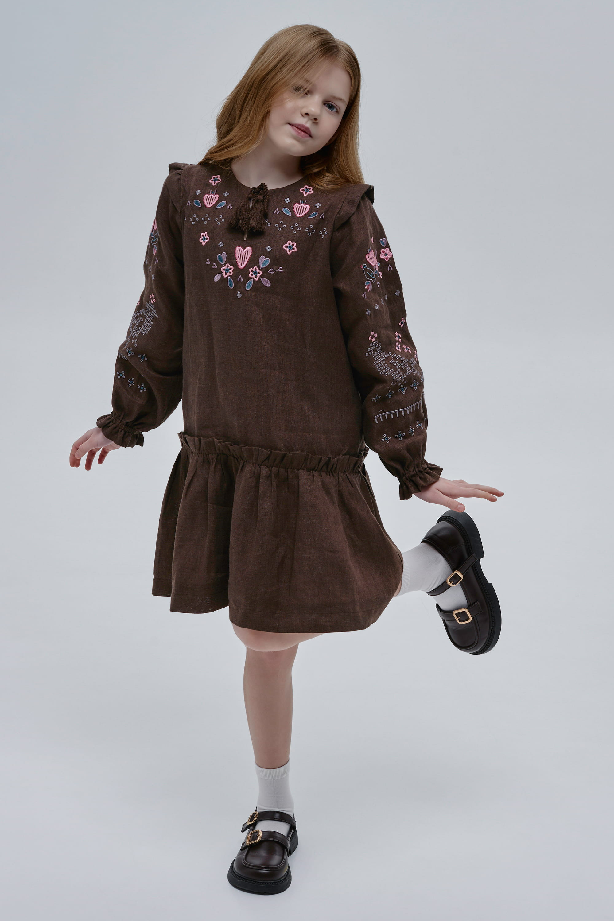 Embroidered brown dress for girl Lyalya | 110
