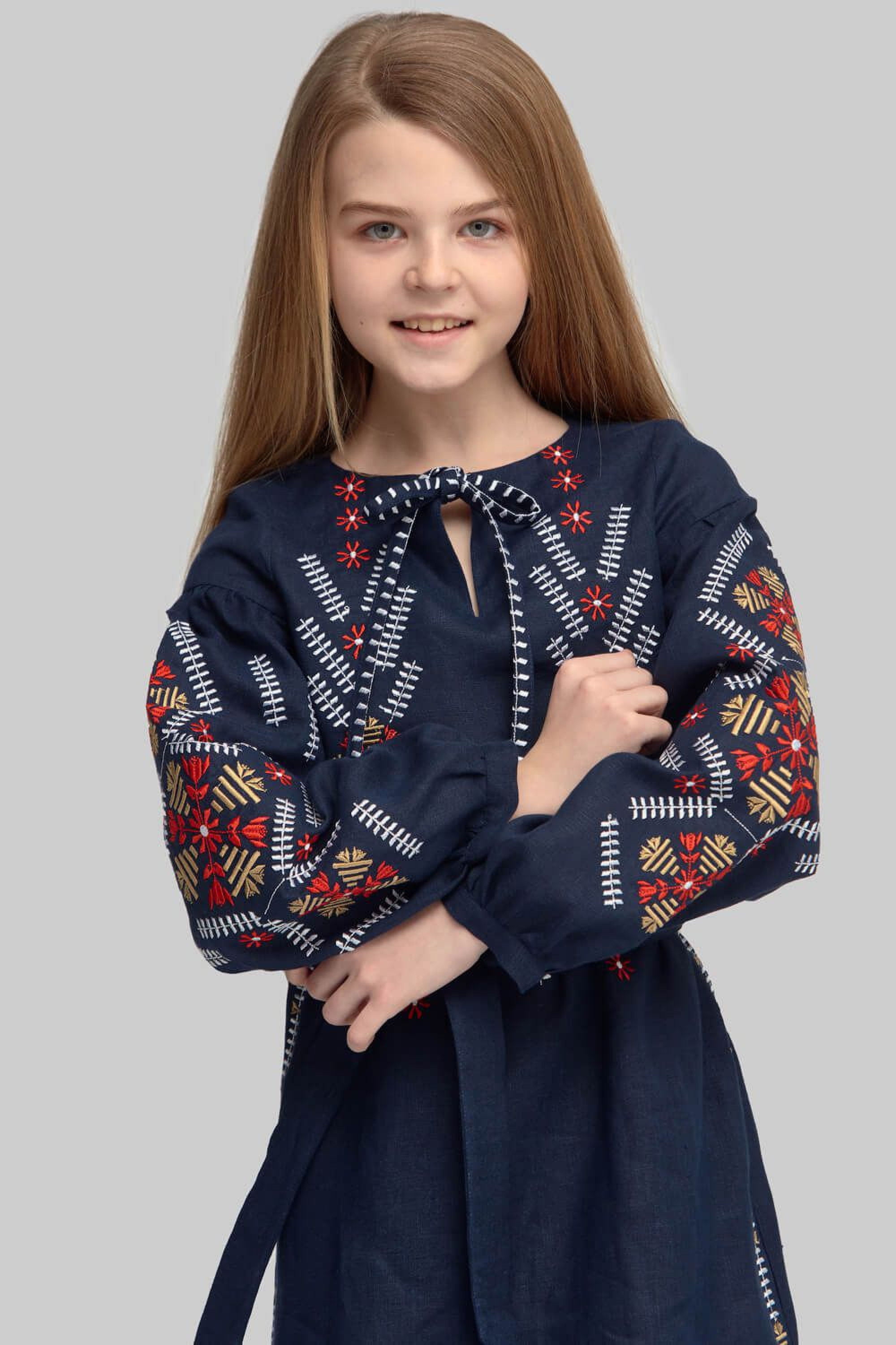 Embroidered embroidery dress for a girl with a long sleeve Dark Blue
