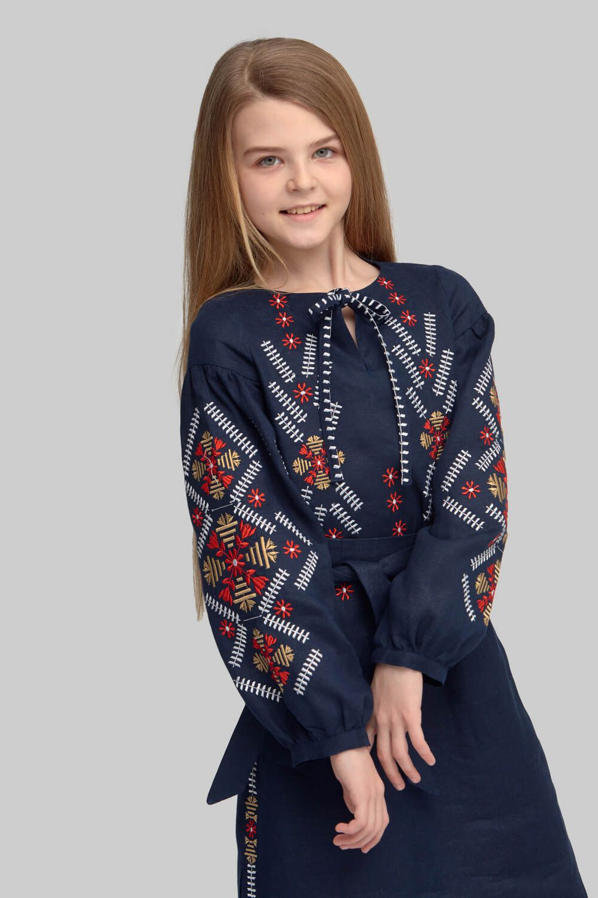 Embroidered embroidery dress for a girl with a long sleeve Dark Blue