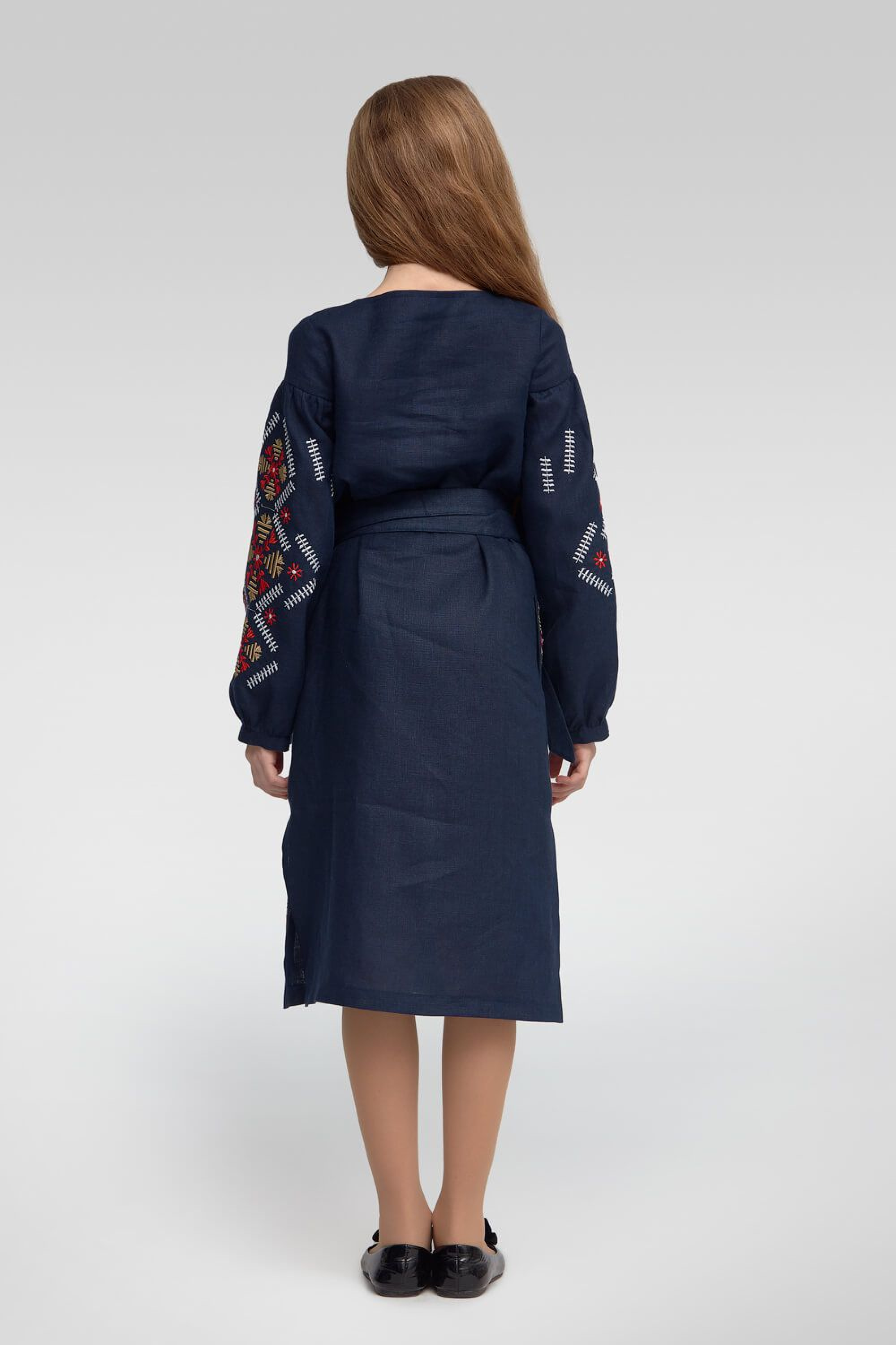 Embroidered embroidery dress for a girl with a long sleeve Dark Blue