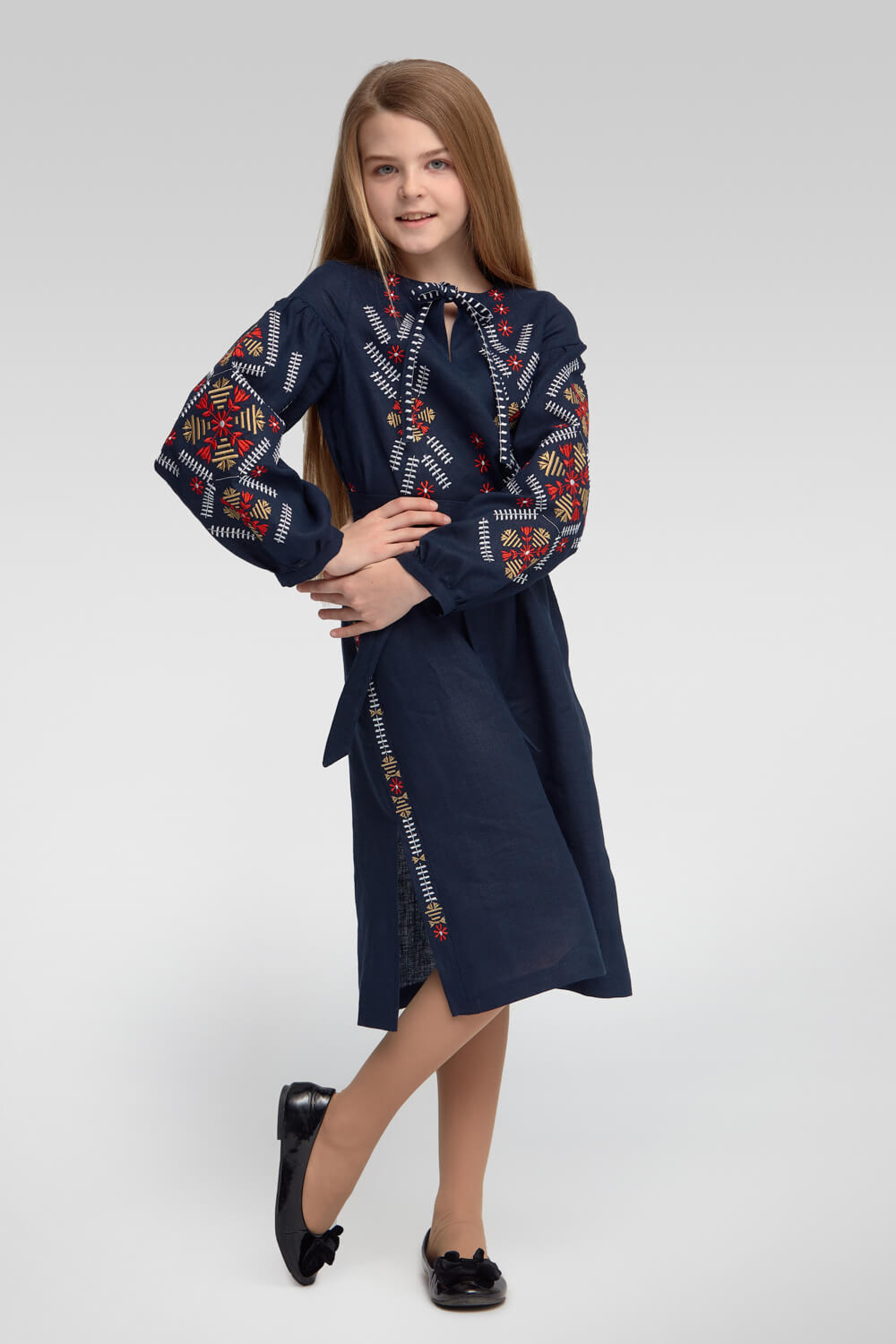 Embroidered embroidery dress for a girl with a long sleeve Dark Blue