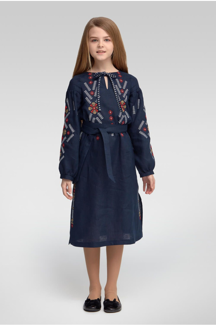 Embroidered embroidery dress for a girl with a long sleeve Dark Blue