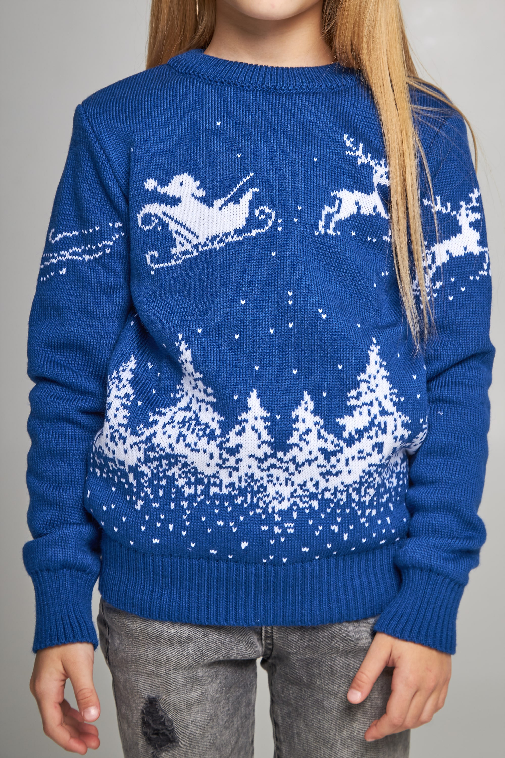 Knitted sweater for a girl Santa Claus with deer blue | 104-110