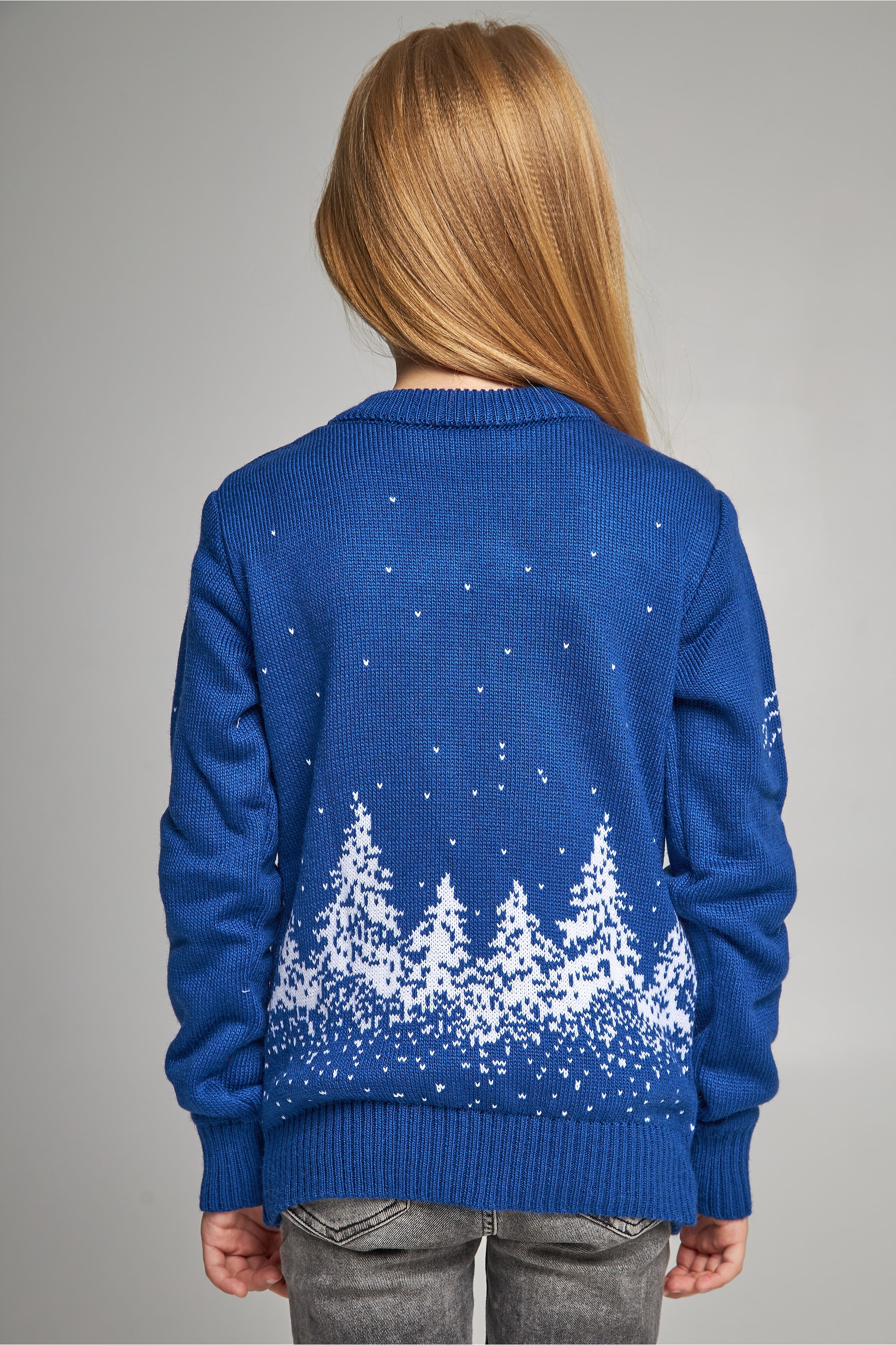 Knitted sweater for a girl Santa Claus with deer blue | 104-110
