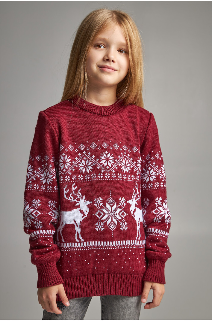 Knitted sweater for a girl snowflakes with deer burgundy | 104-110