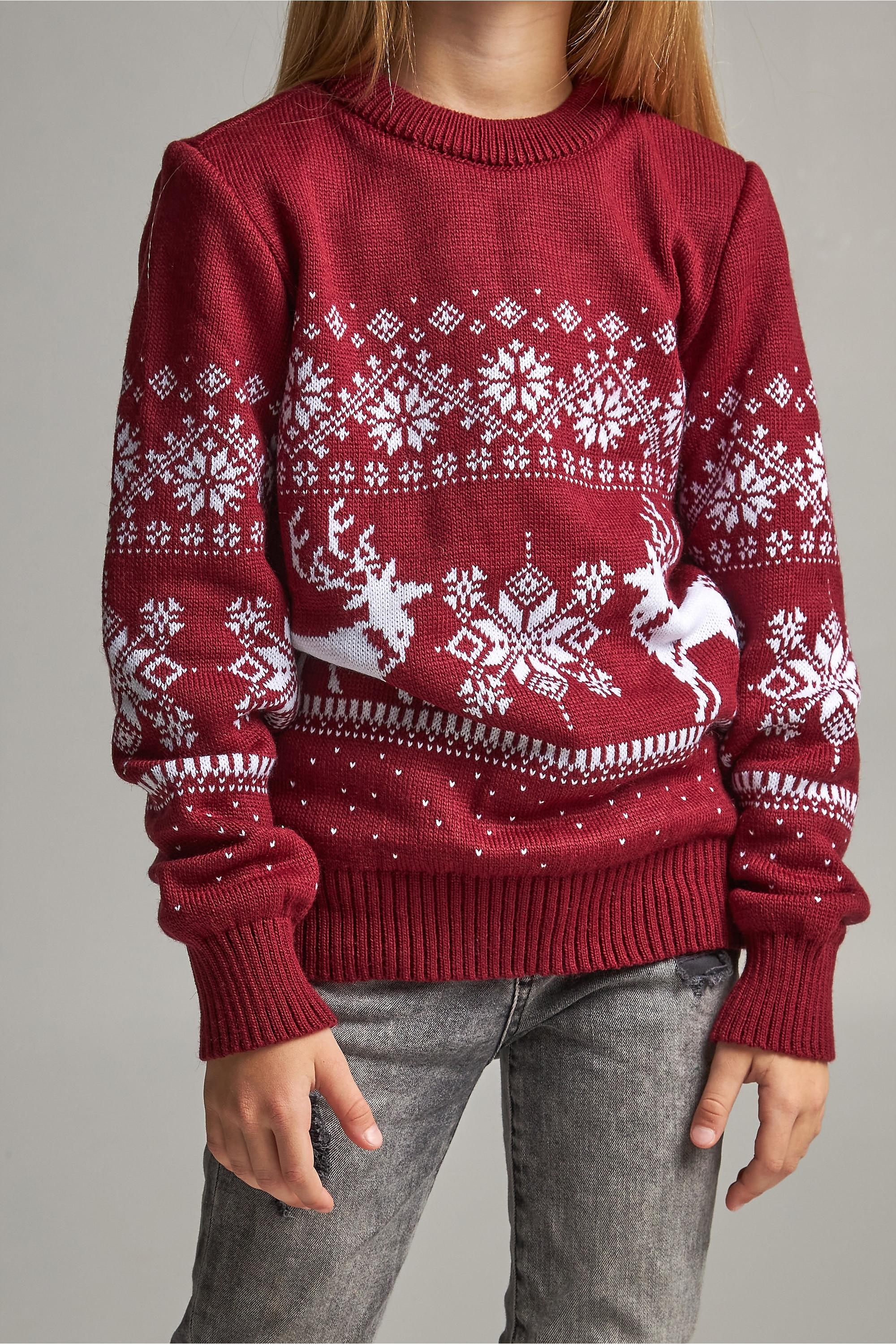 Knitted sweater for a girl snowflakes with deer burgundy | 104-110