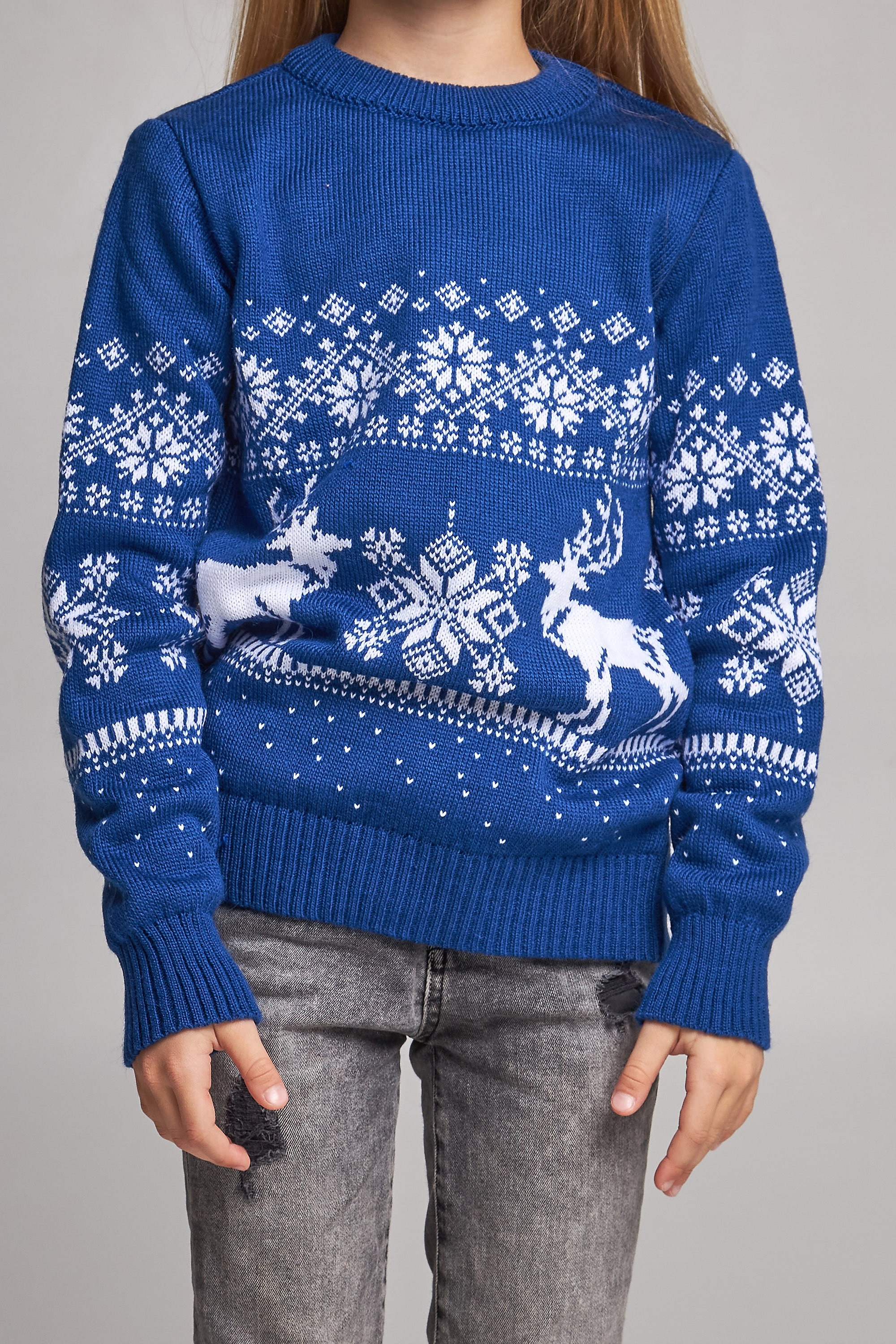 Knitted sweater for a girl snowflakes with deer blue