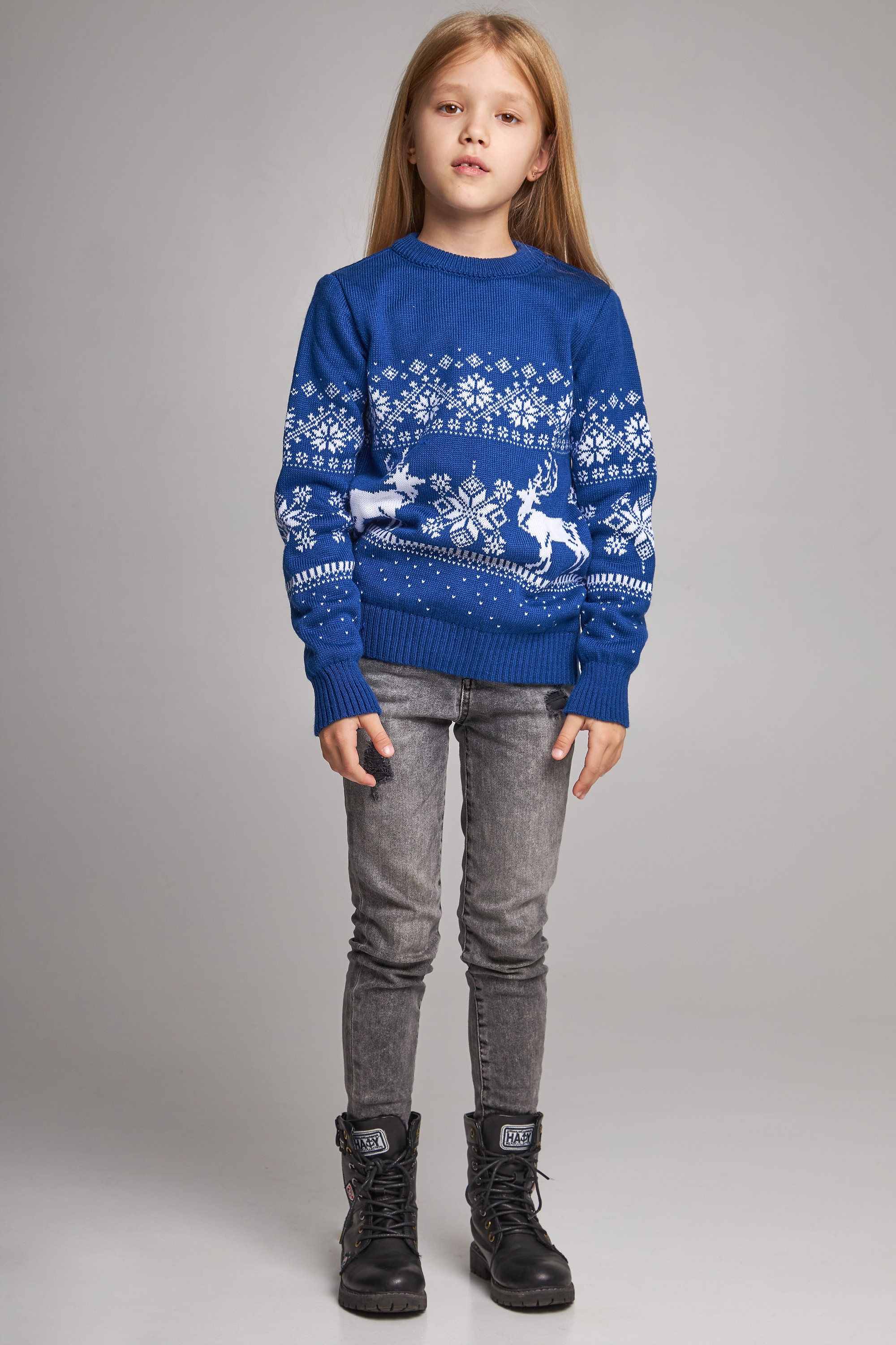 Knitted sweater for a girl snowflakes with deer blue | 104-110