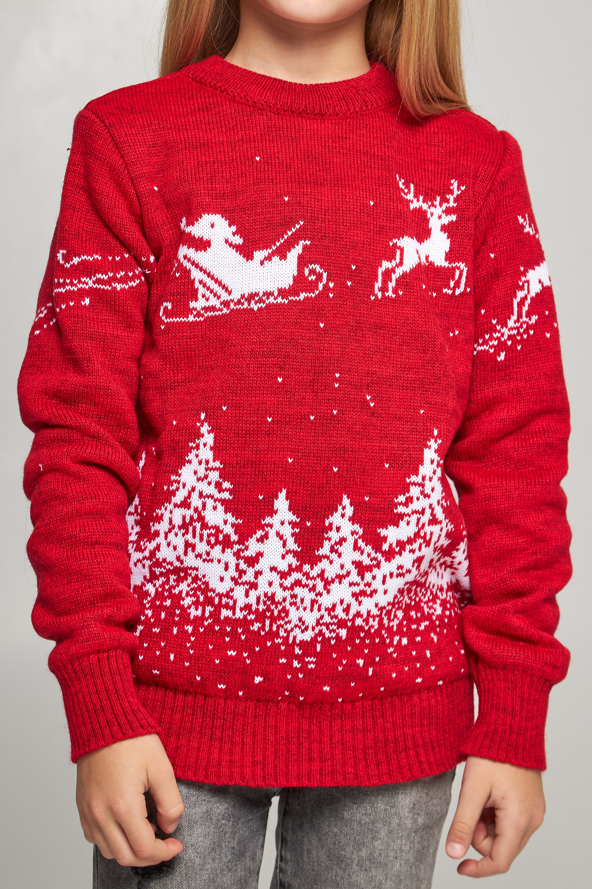 Knitted sweater for a girl Santa Claus with deer red deer | 104-110