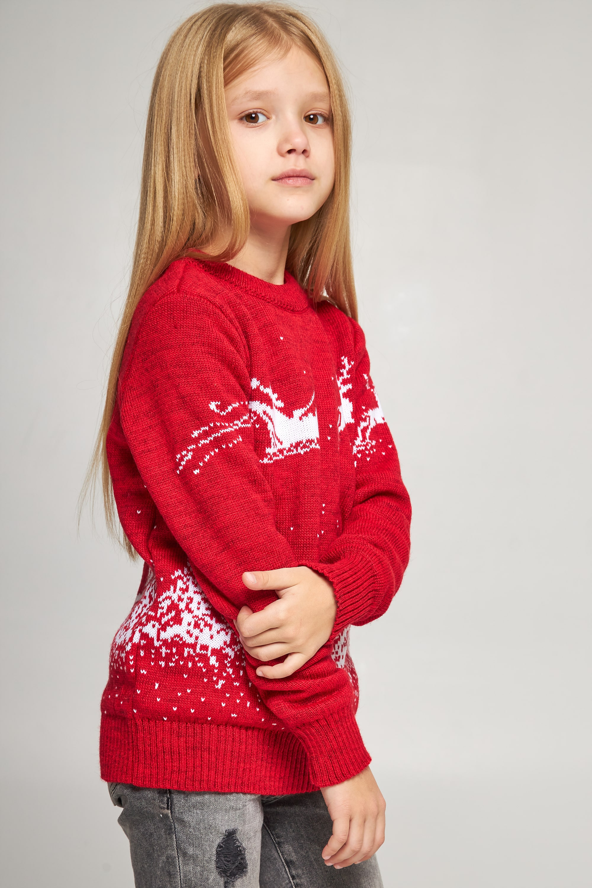 Knitted sweater for a girl Santa Claus with deer red deer | 104-110