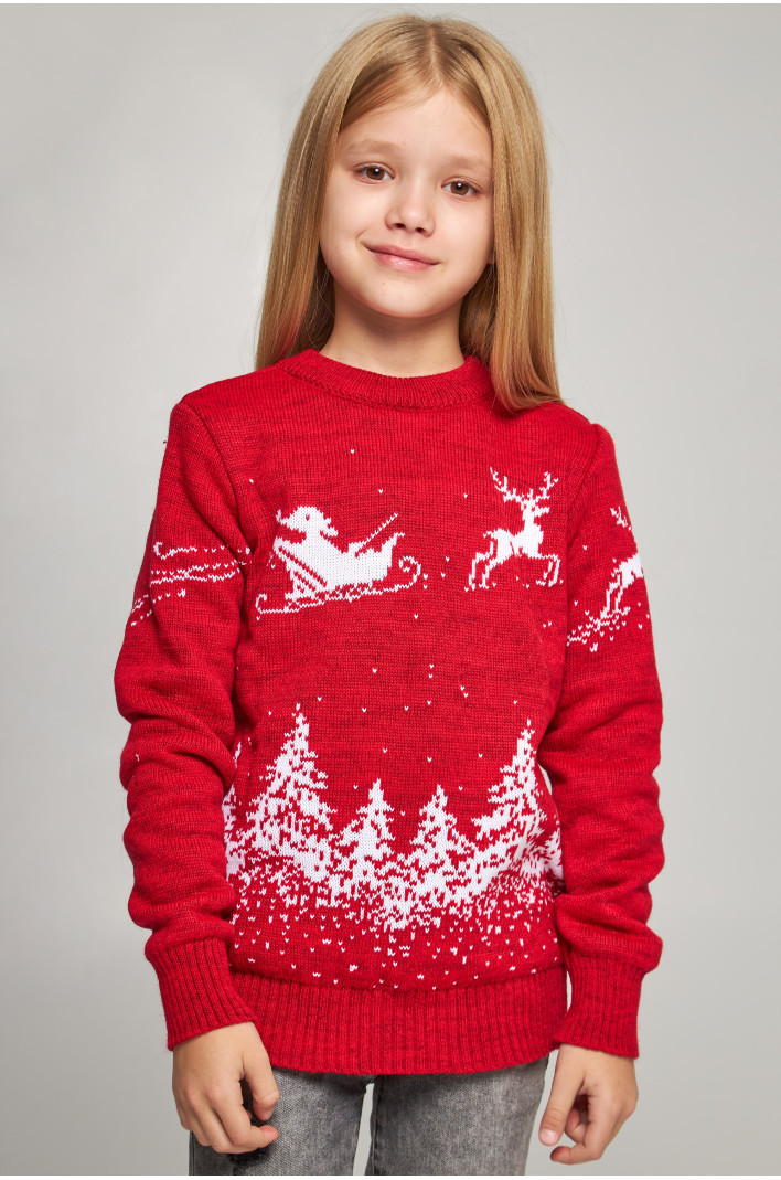 Knitted sweater for a girl Santa Claus with deer red deer | 104-110