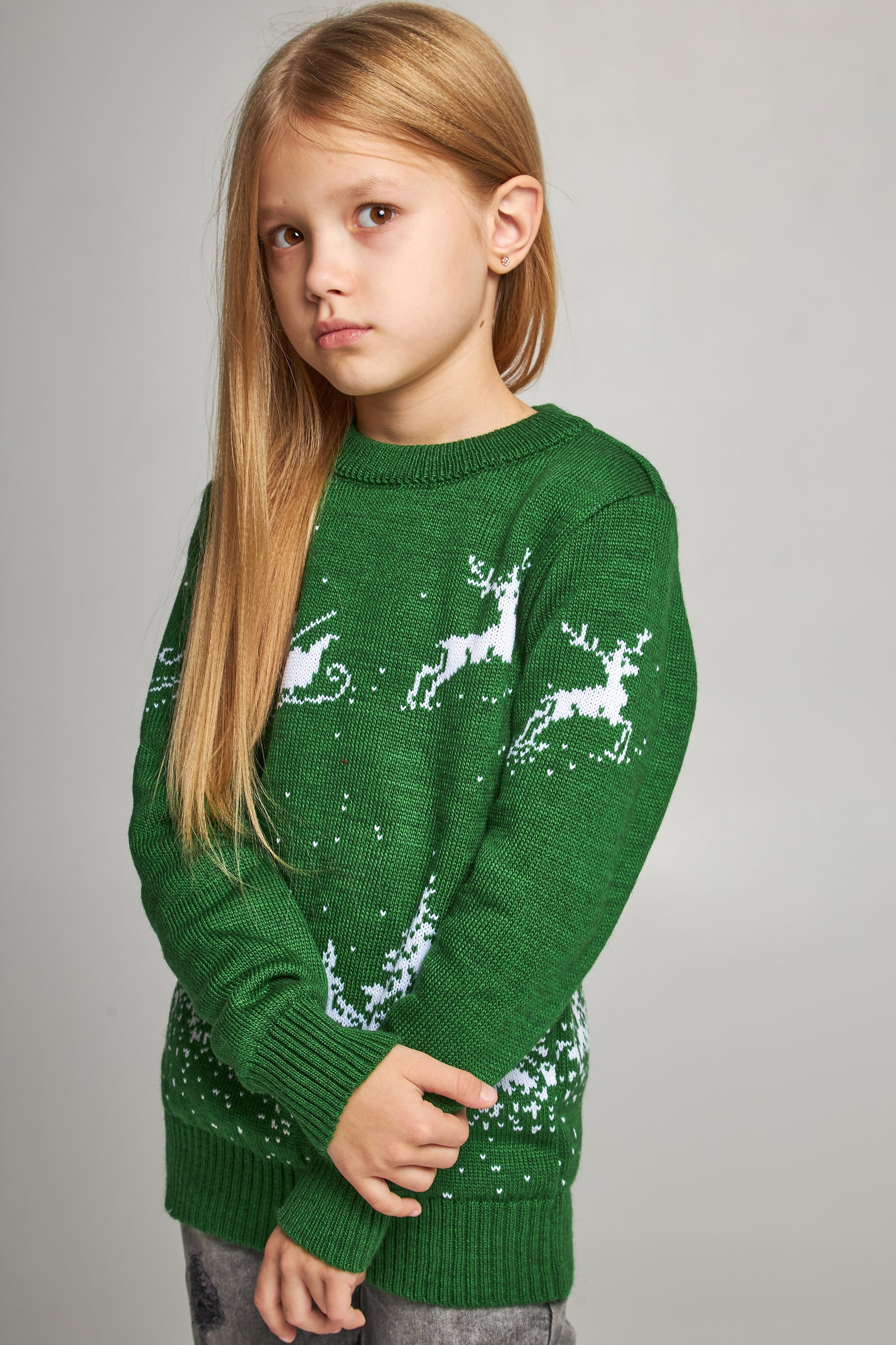 Knitted sweater for a girl snowflakes with deer green | 104-110