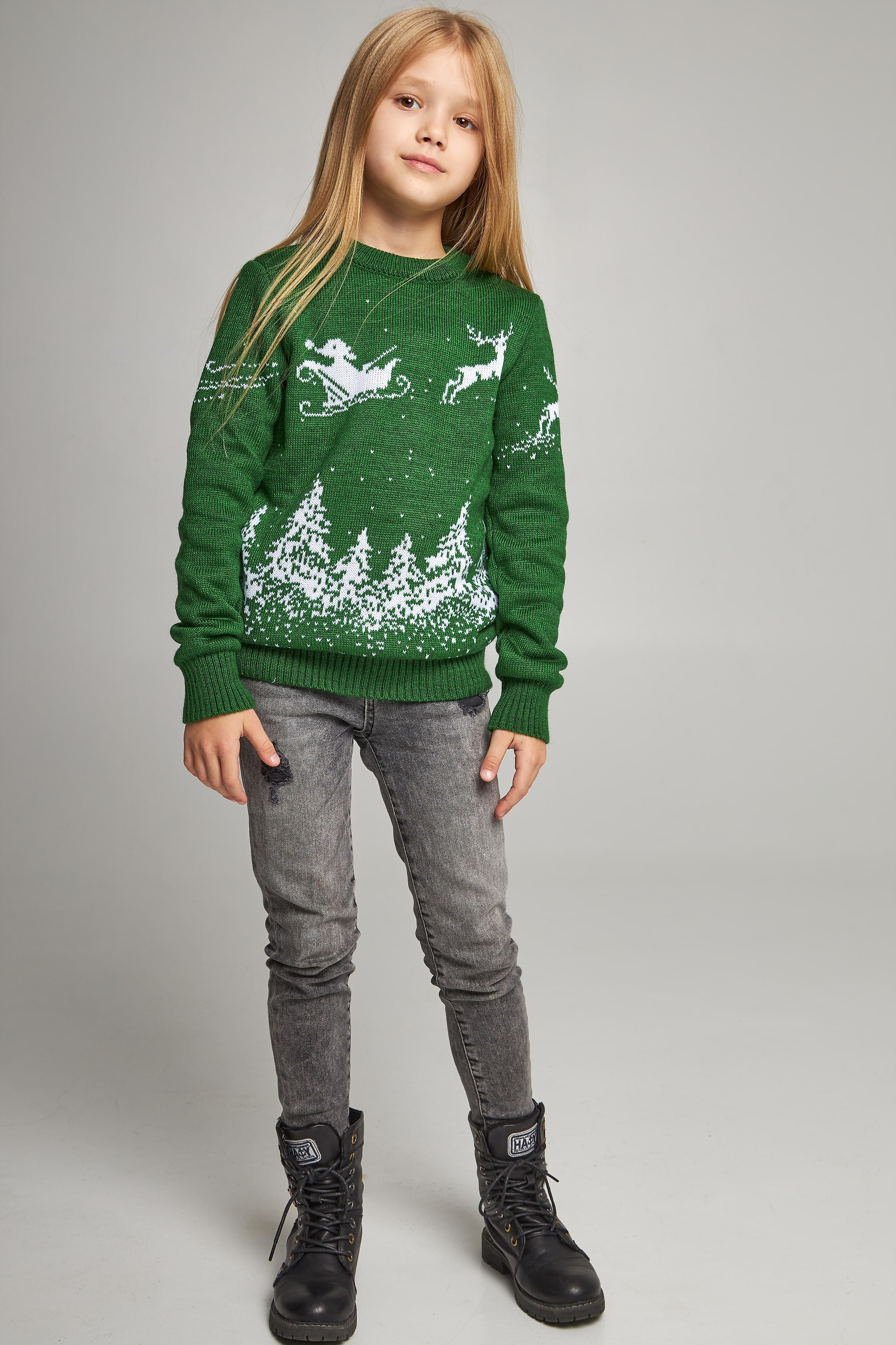Knitted sweater for a girl snowflakes with deer green | 104-110