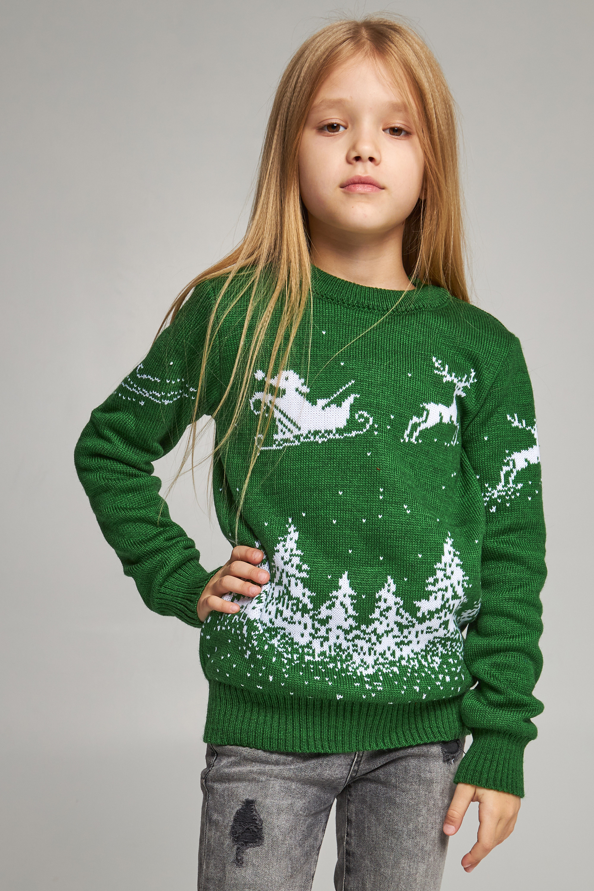 Knitted sweater for a girl snowflakes with deer green | 104-110