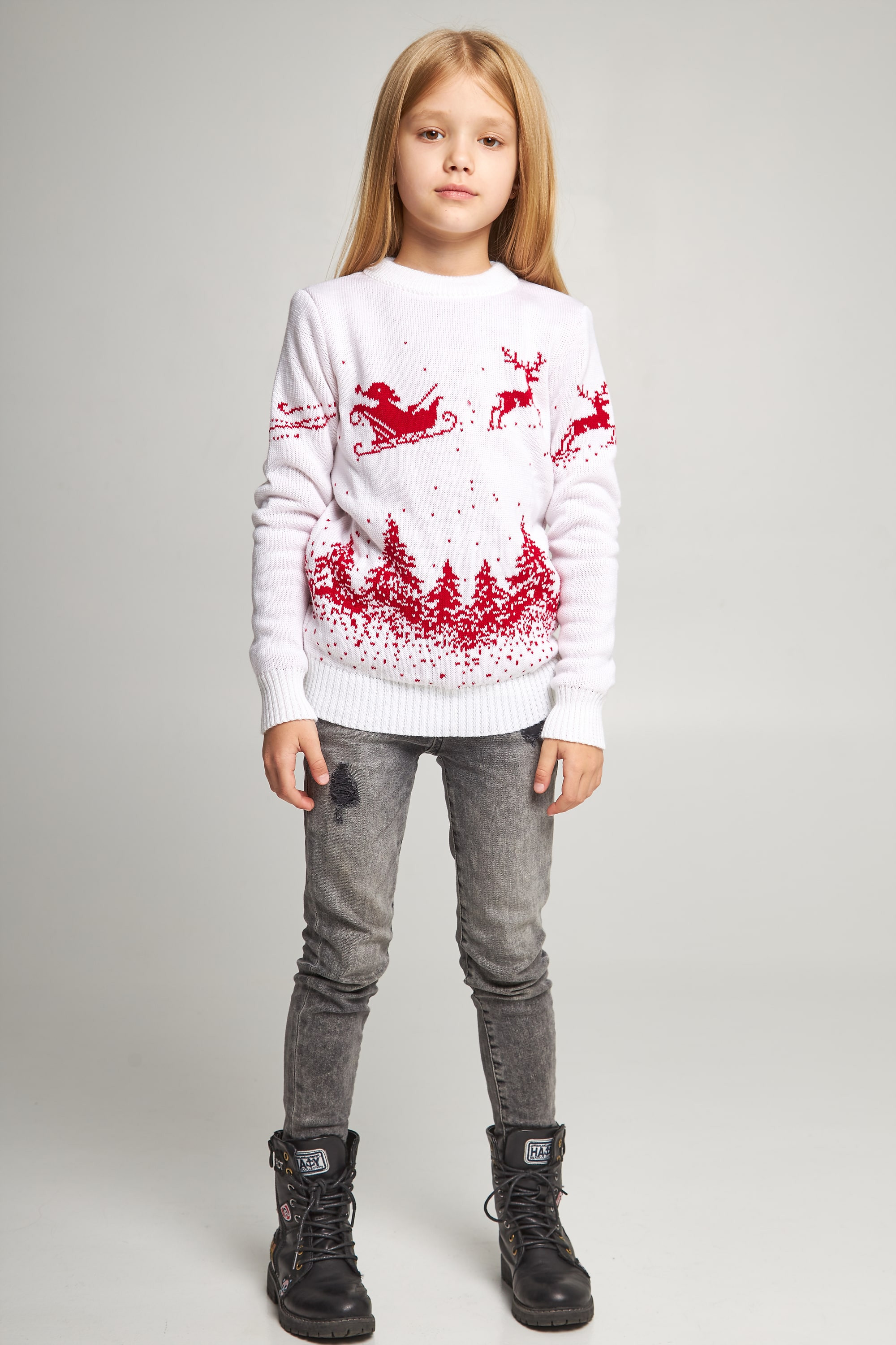 Knitted sweater for a girl snowflakes with deer white | 104-110