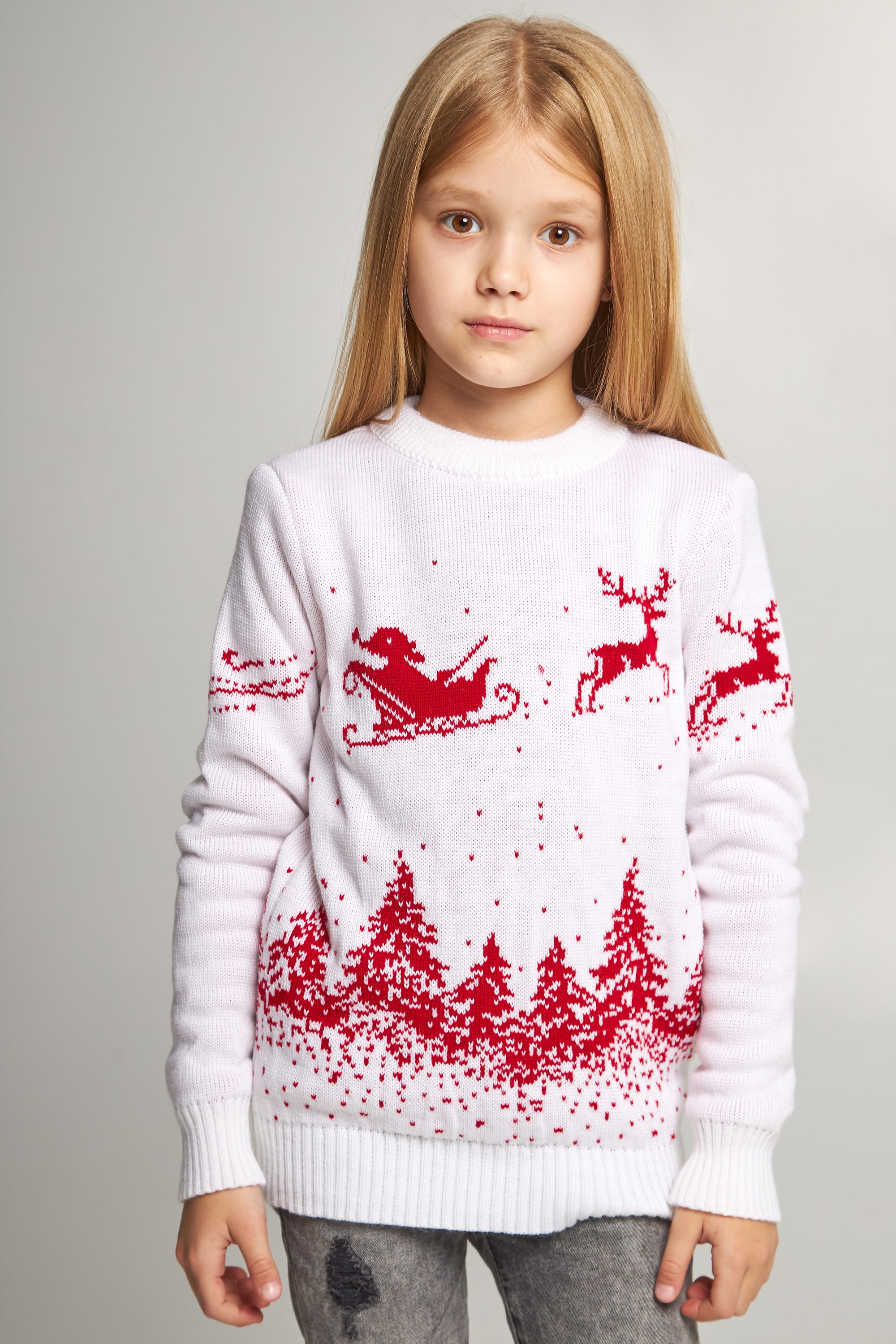 Knitted sweater for a girl snowflakes with deer white | 104-110