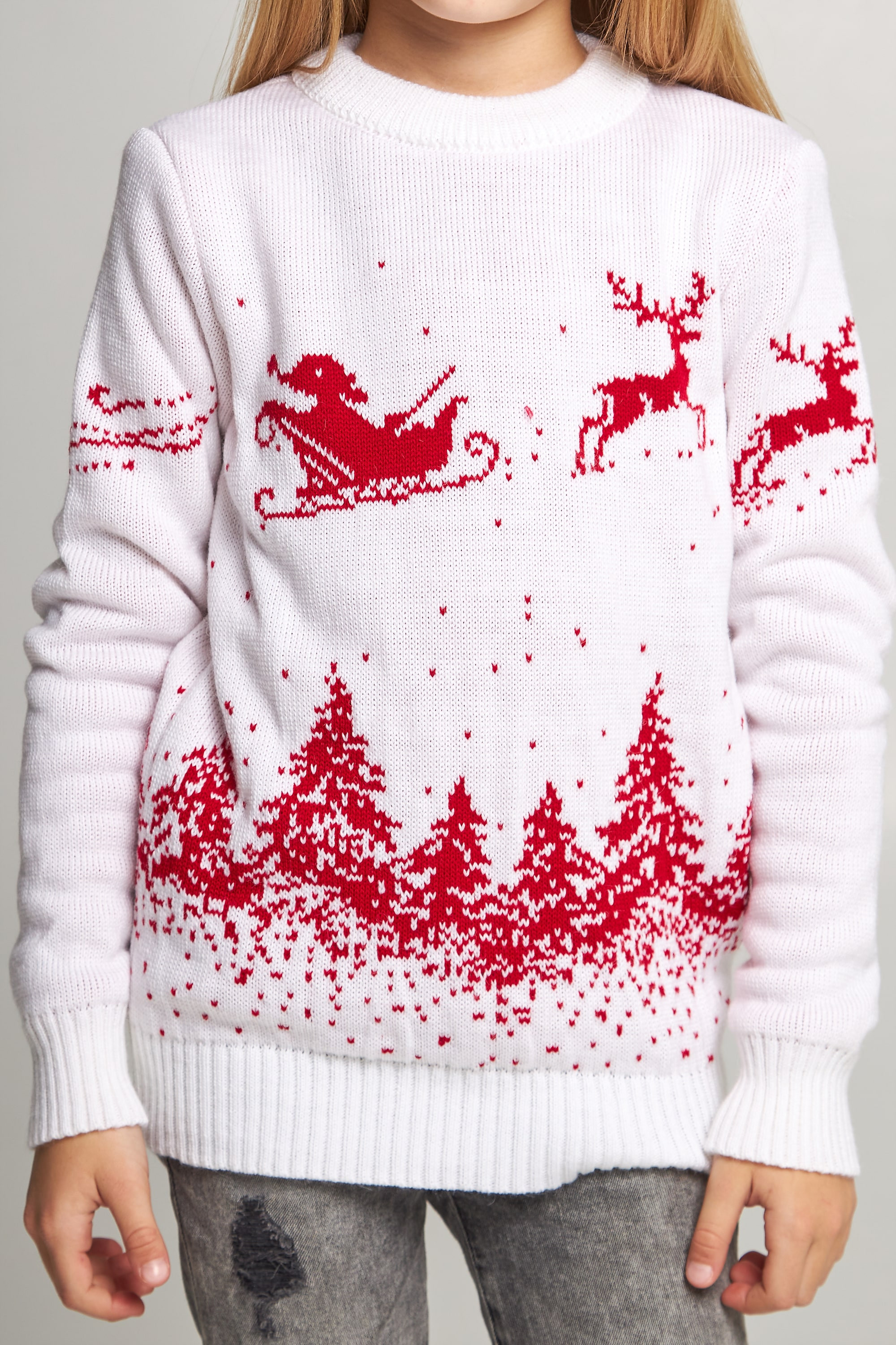 Knitted sweater for a girl snowflakes with deer white | 104-110