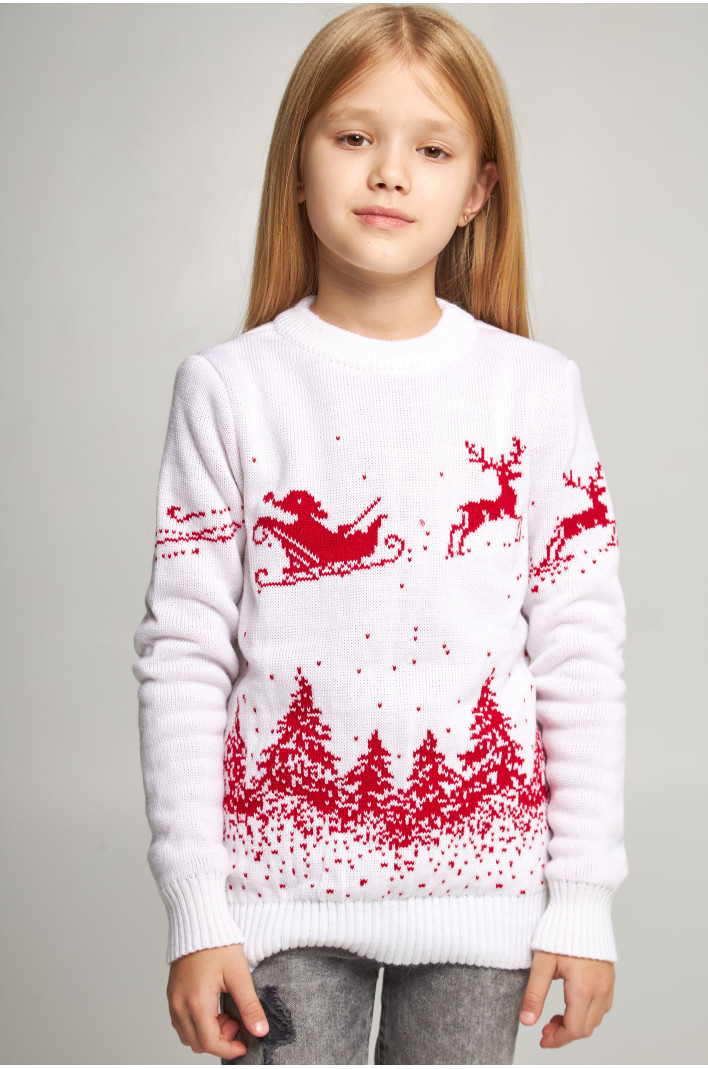 Knitted sweater for a girl snowflakes with deer white | 104-110