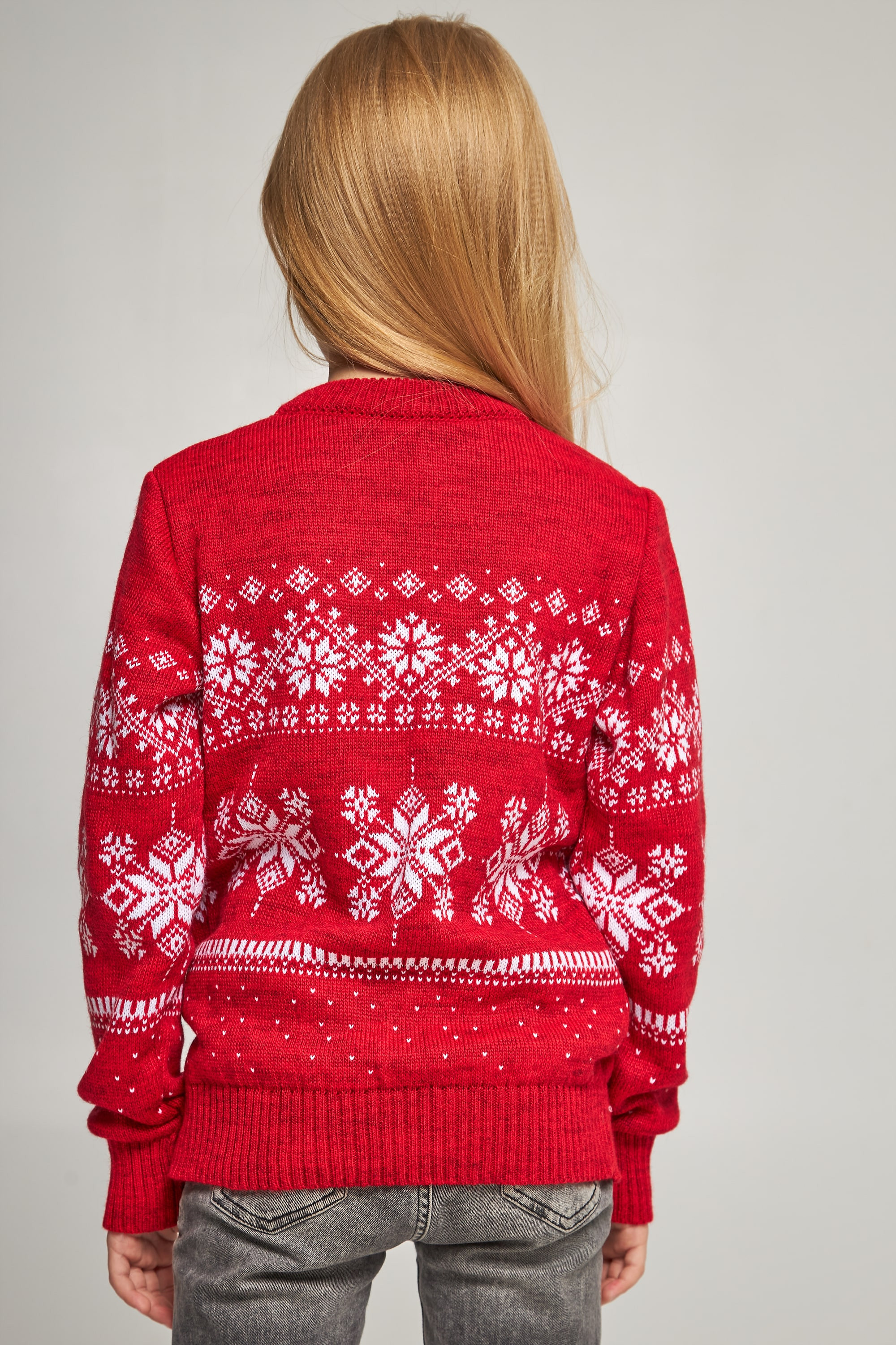 Knitted sweater for a girl snowflakes with deer red deer | 104-110