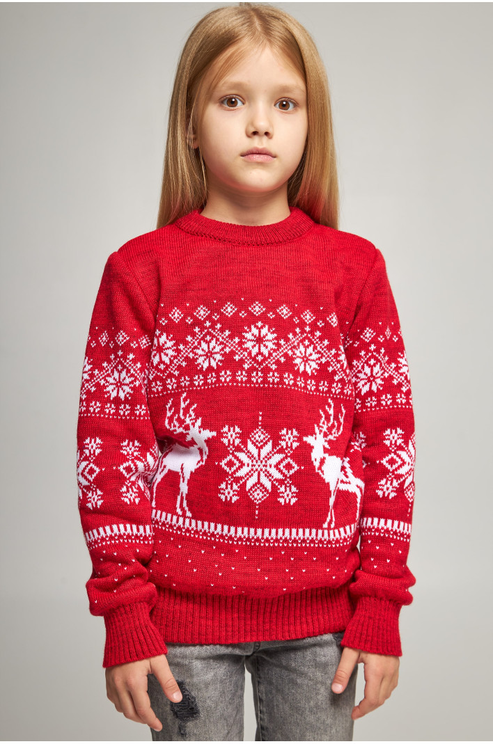 Knitted sweater for a girl snowflakes with deer red deer | 104-110