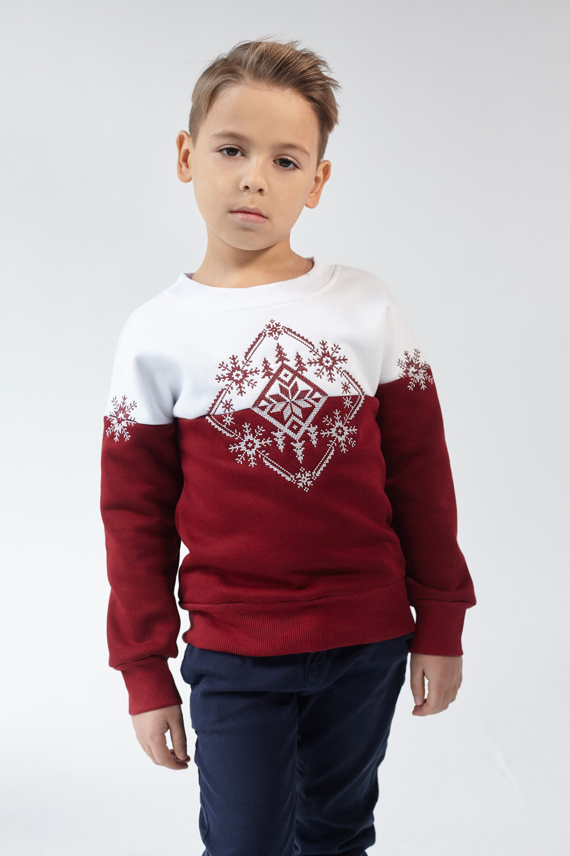 Christmas sweatshirt for a boy Burgundy Snowflake
