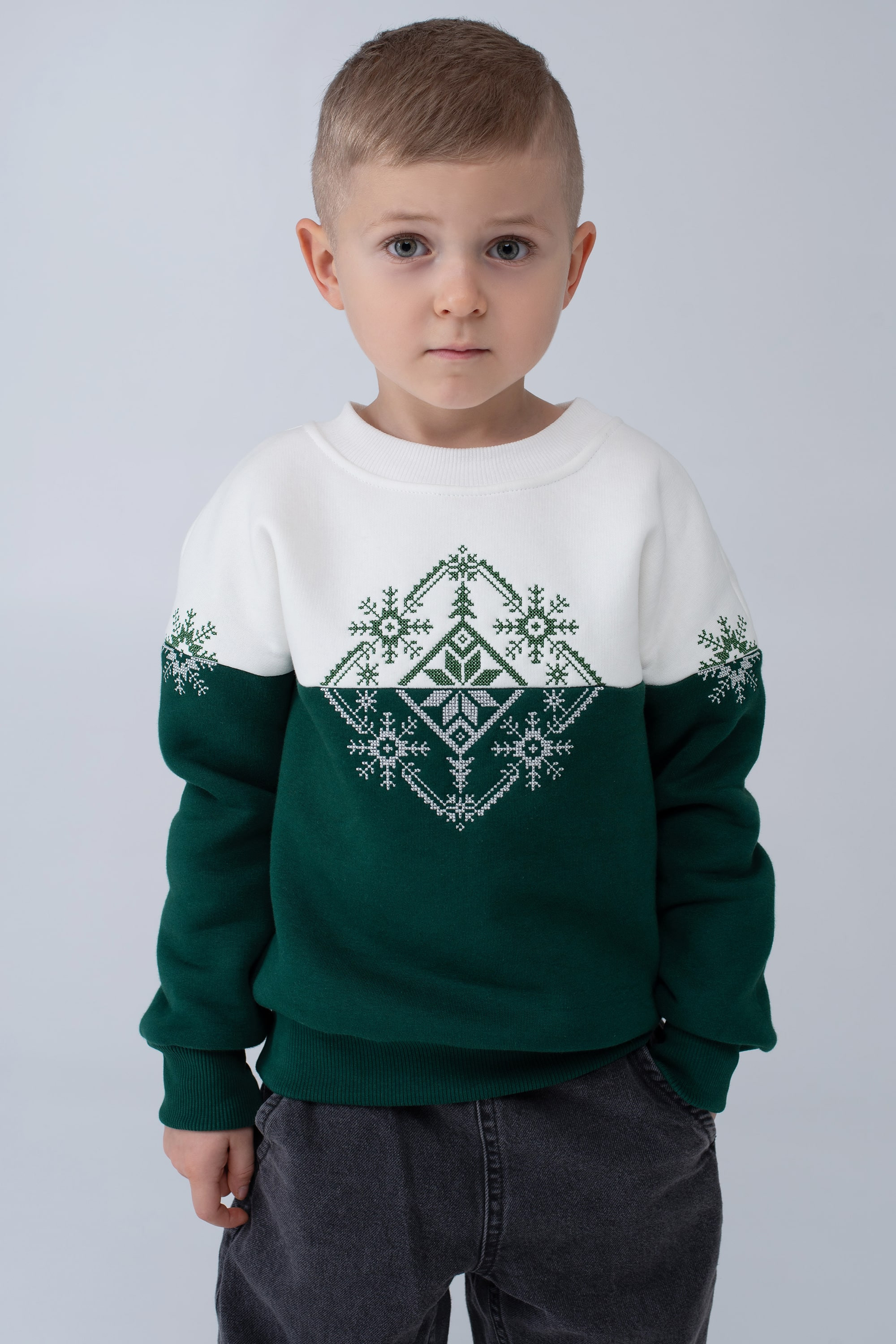 Christmas sweatshirt for a boy Green Snowflake | 80