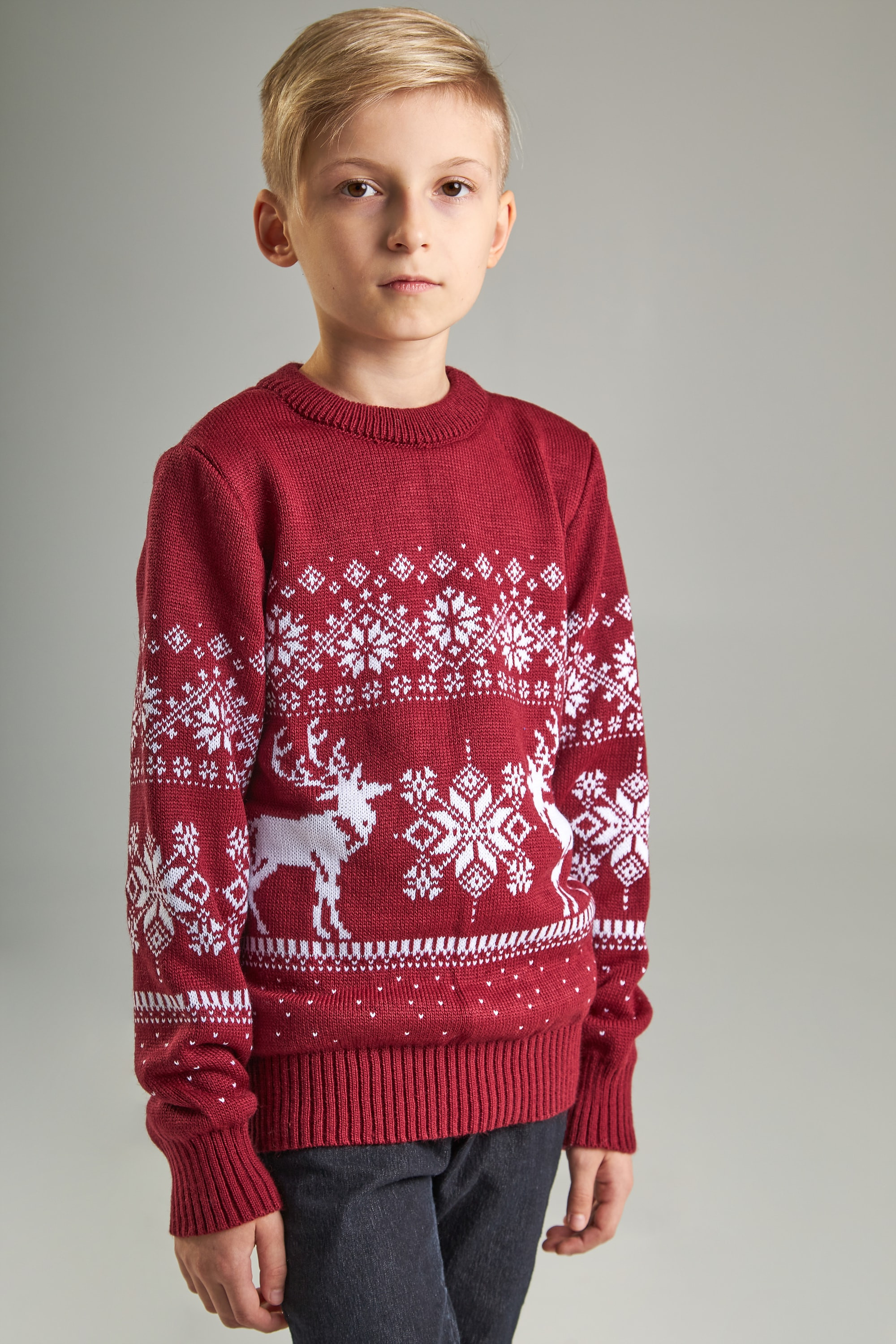 Knitted sweater for a boy snowflakes with deer burgundy | 104-110
