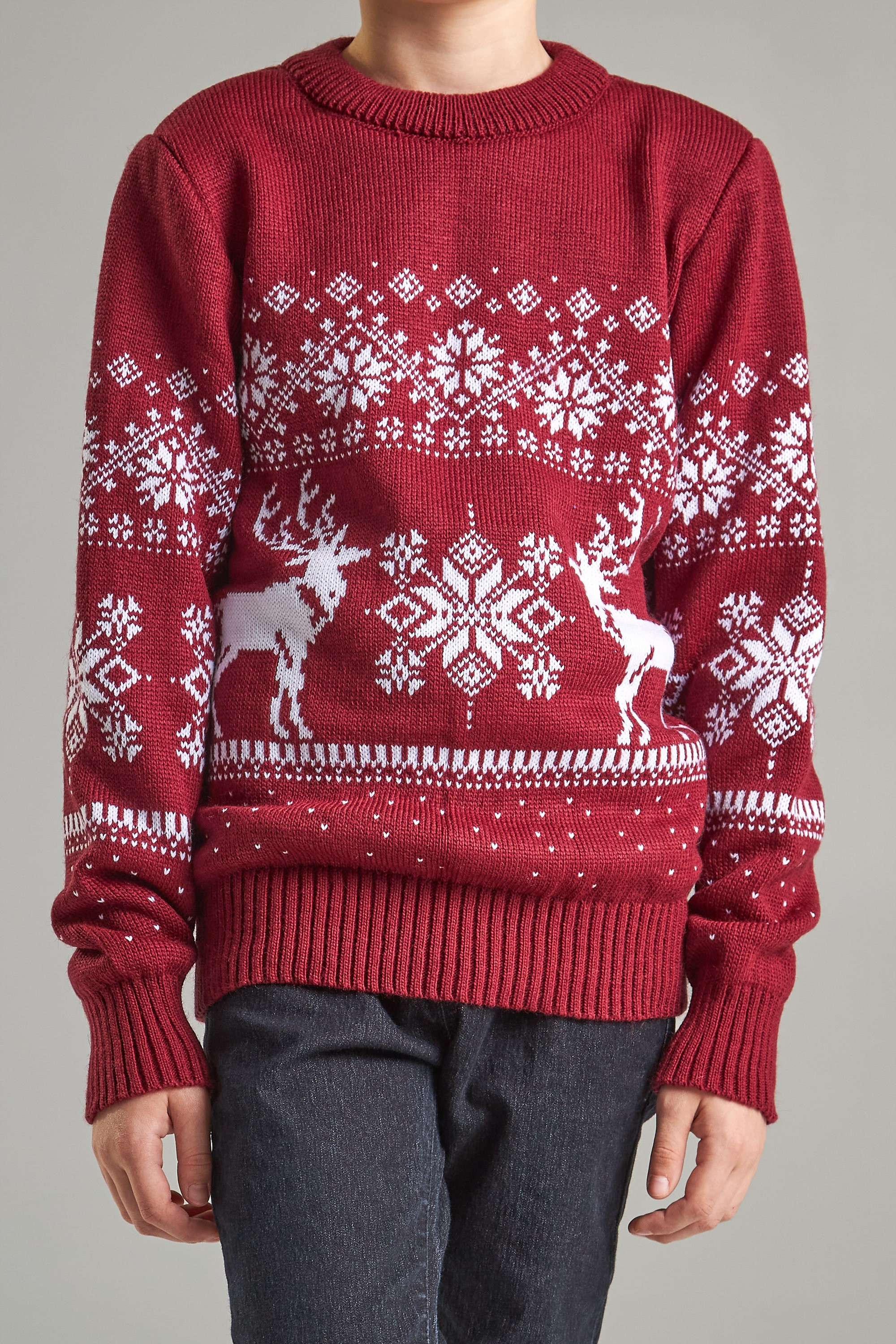 Knitted sweater for a boy snowflakes with deer burgundy | 104-110