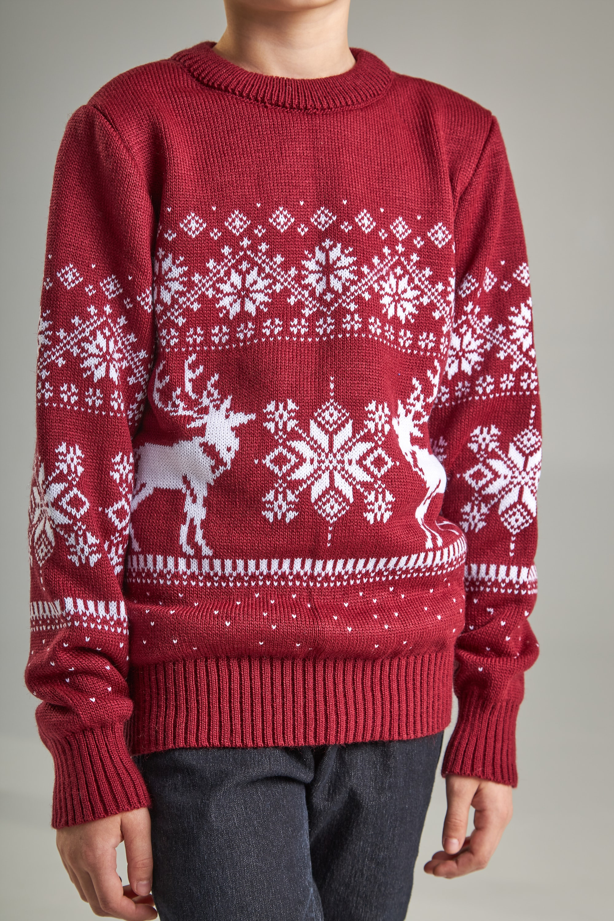 Knitted sweater for a boy snowflakes with deer burgundy | 104-110