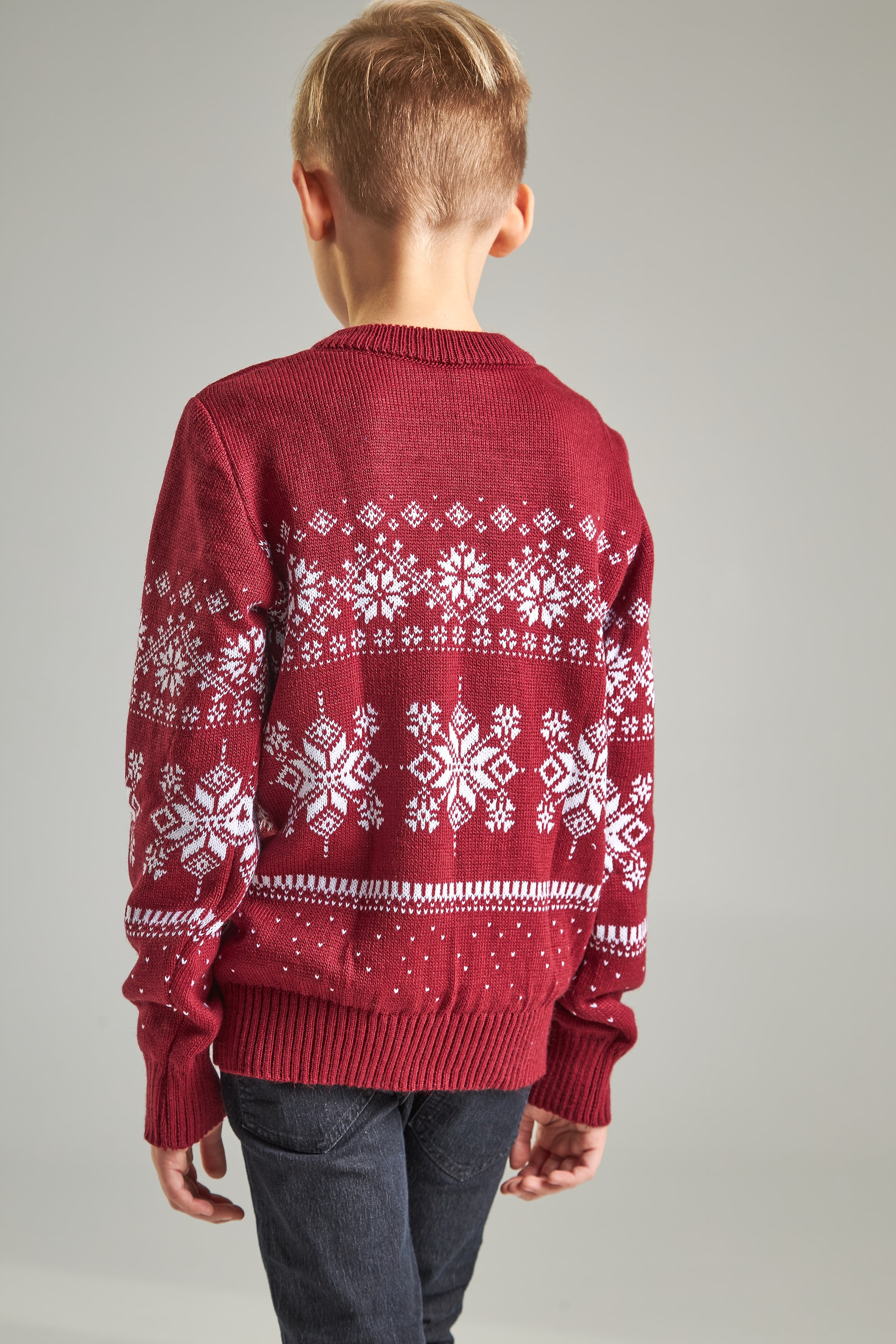 Knitted sweater for a boy snowflakes with deer burgundy | 104-110
