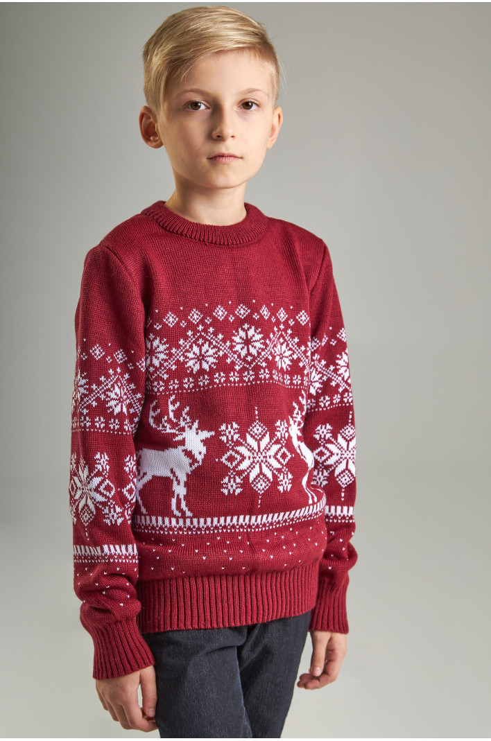 Knitted sweater for a boy snowflakes with deer burgundy | 104-110