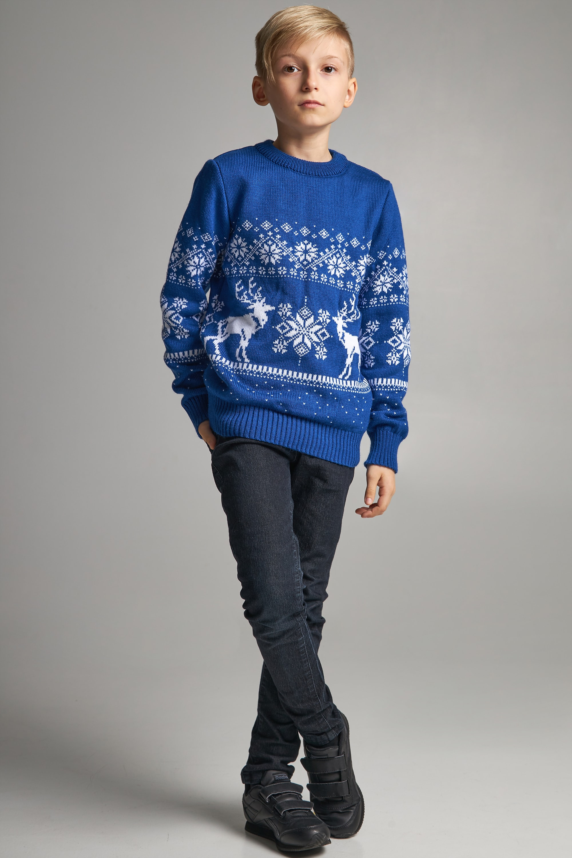 Knitted sweater for a boy snowflakes with deer blue | 104-110