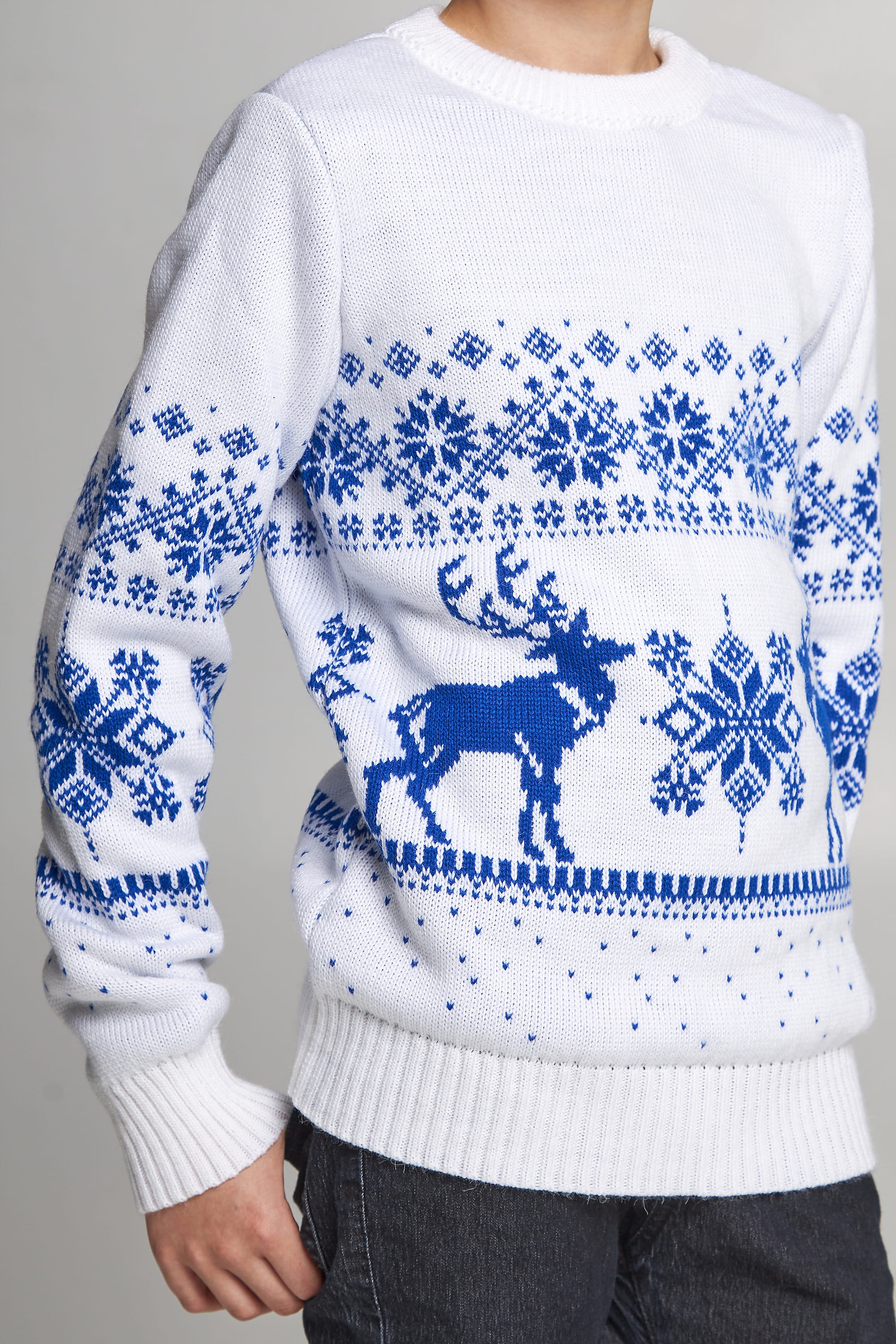 Knitted sweater for a boy snowflakes with deer white Knitted sweater for a boy snowflakes with deer white