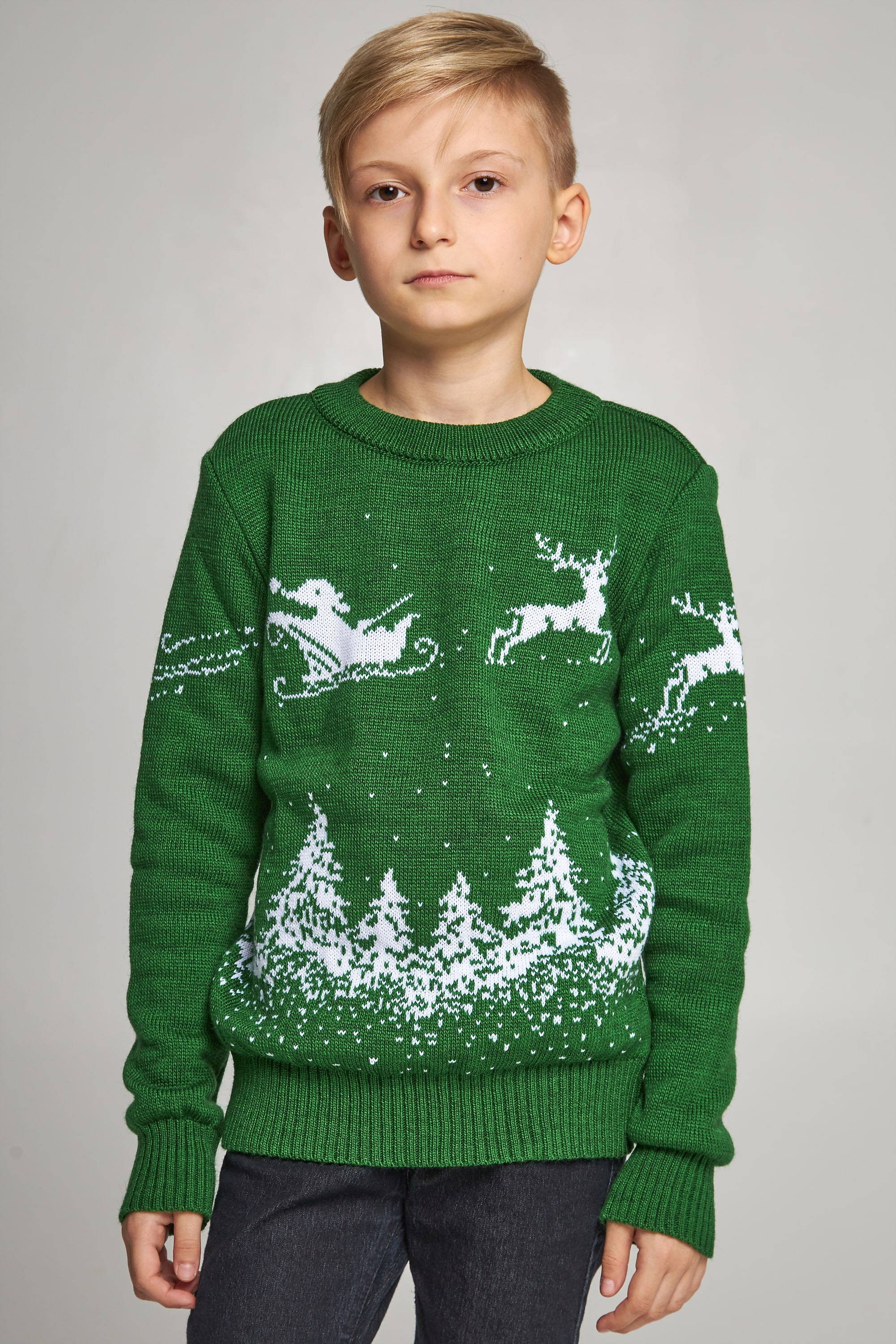 Knitted sweater for a boy Santa Claus with deer green