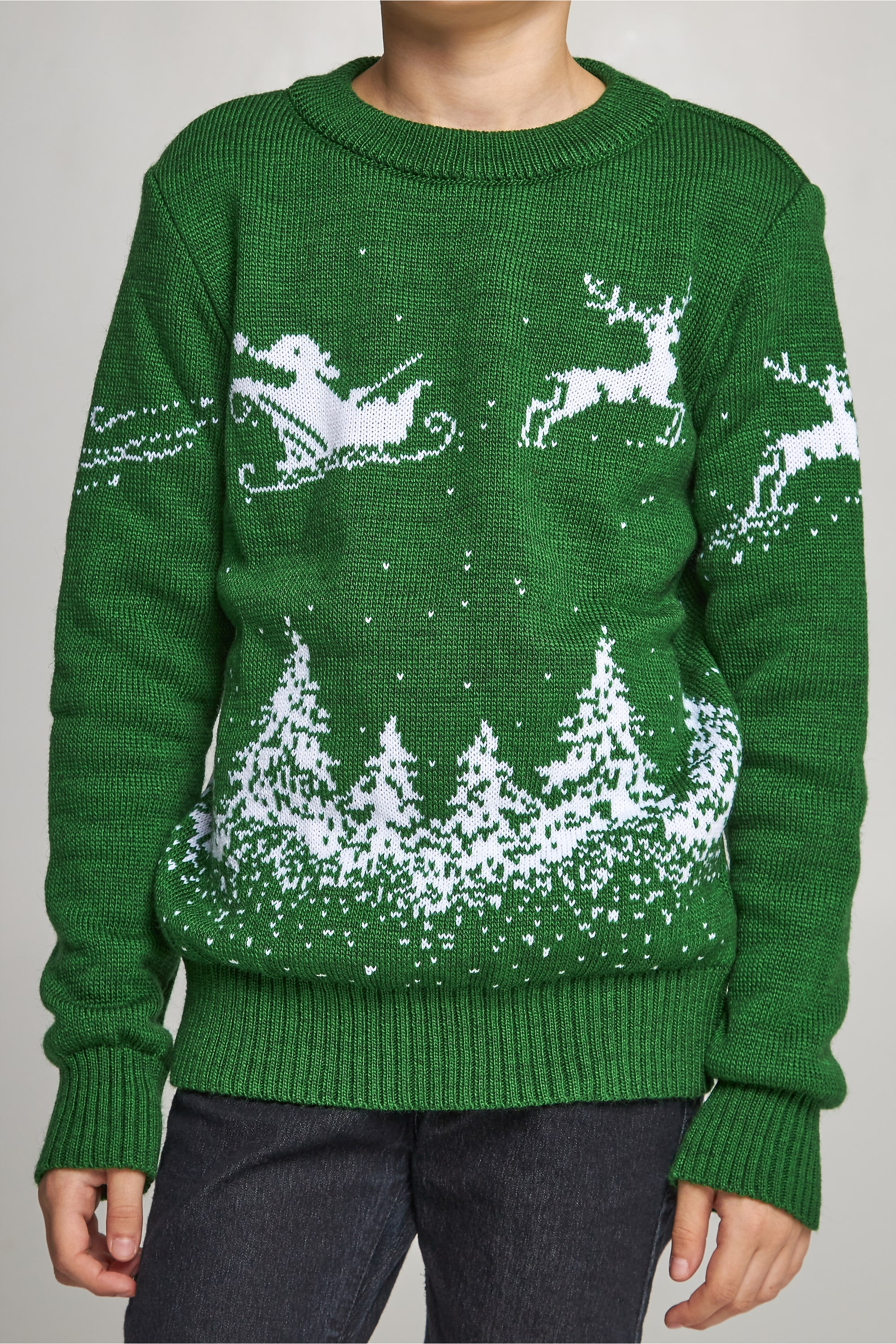 Knitted sweater for a boy Santa Claus with deer green