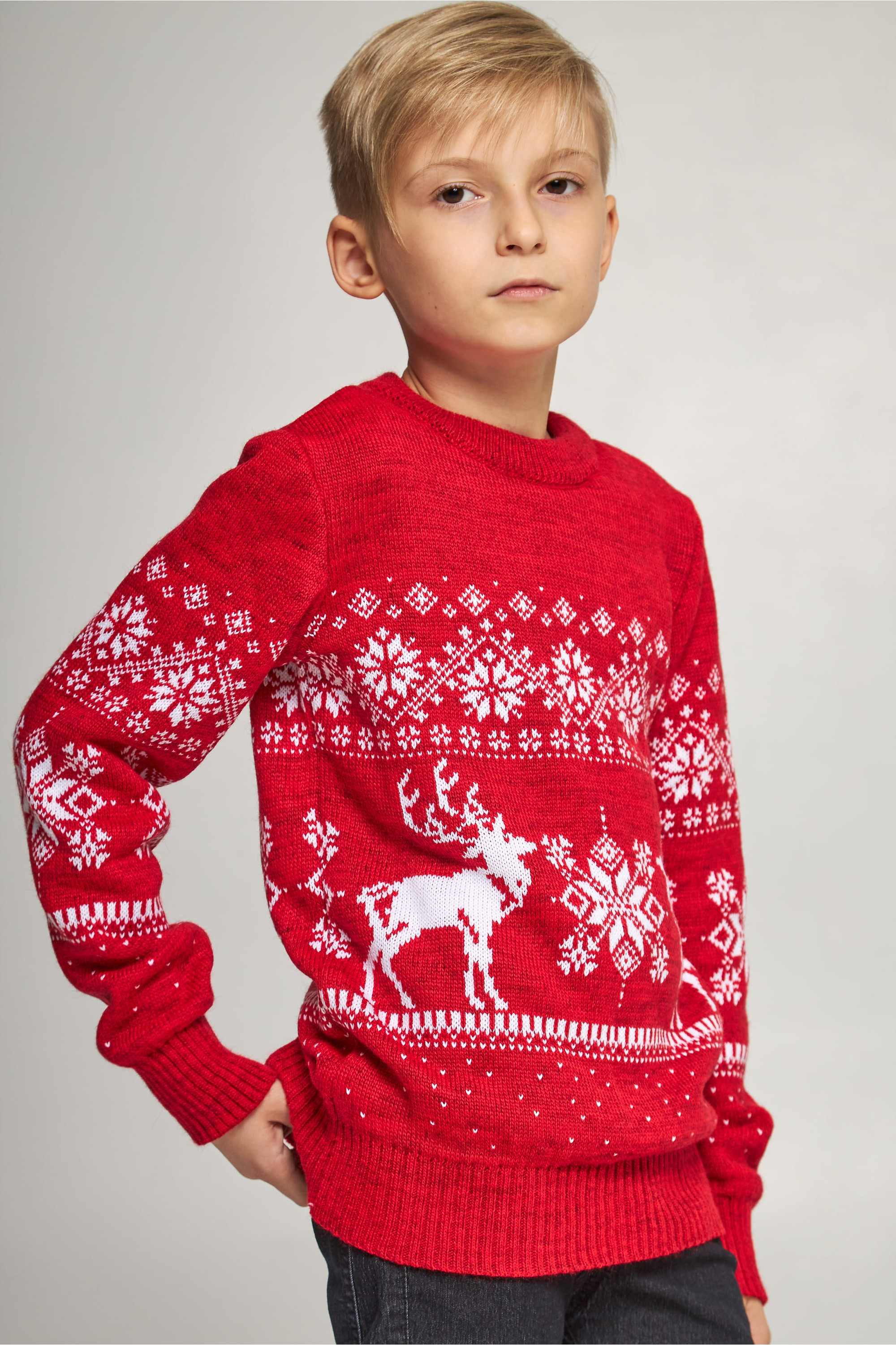 Knitted sweater for a boy Santa Claus with deer red deer