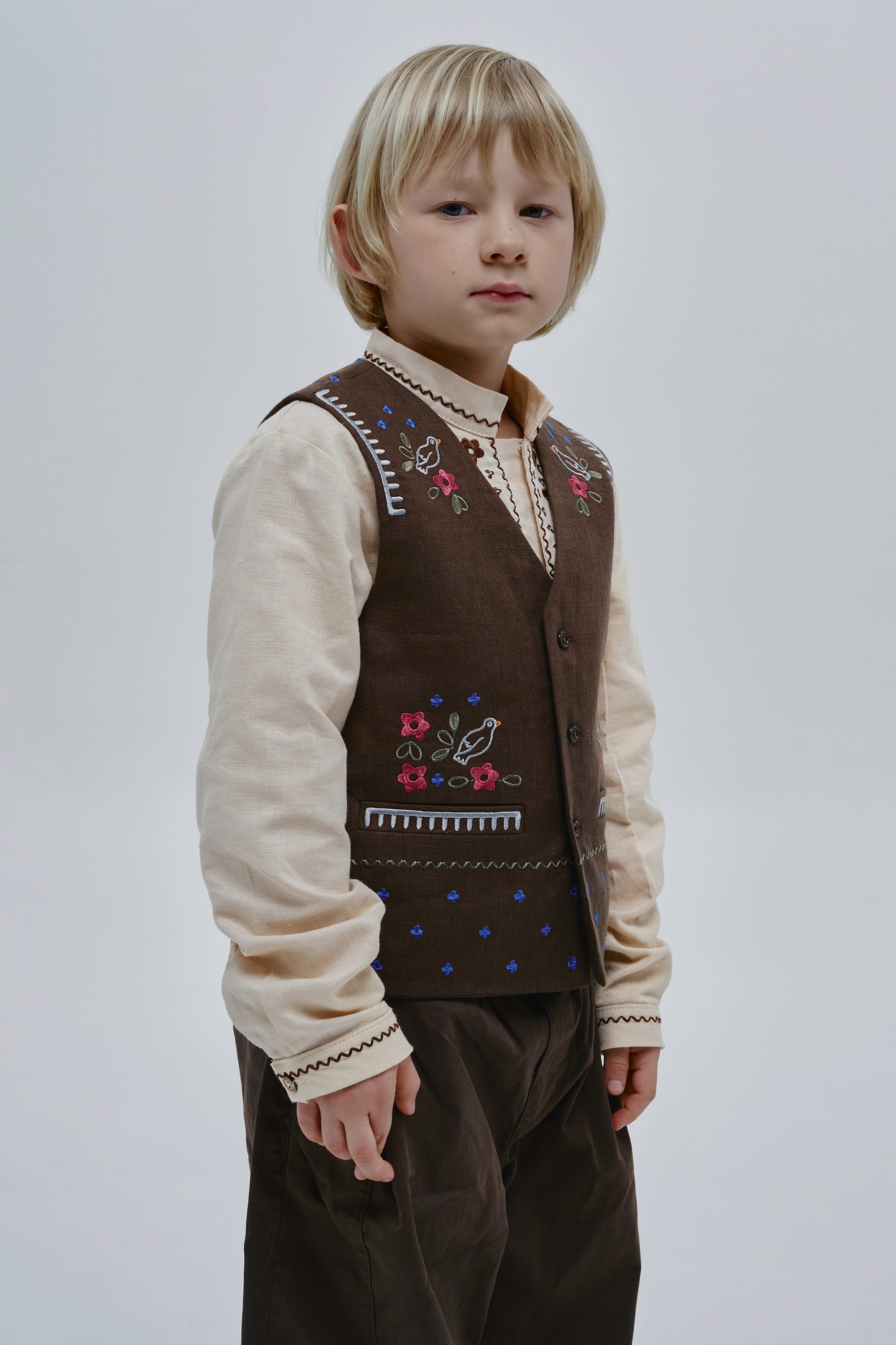 Boys’ Brown Embroidered Vest Huli-Huli