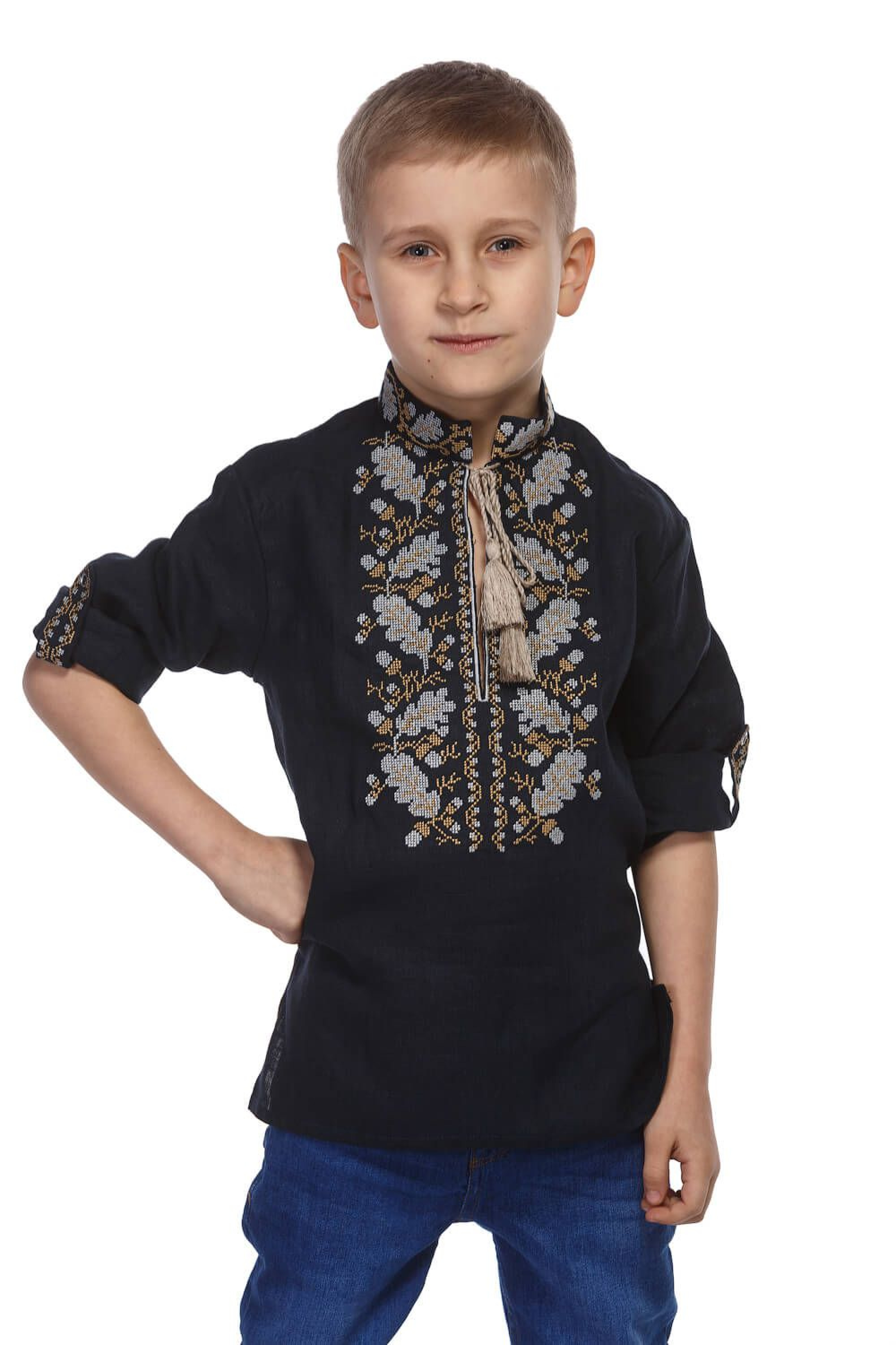 Dark blue shirt for the boy embroidered with oak leaves